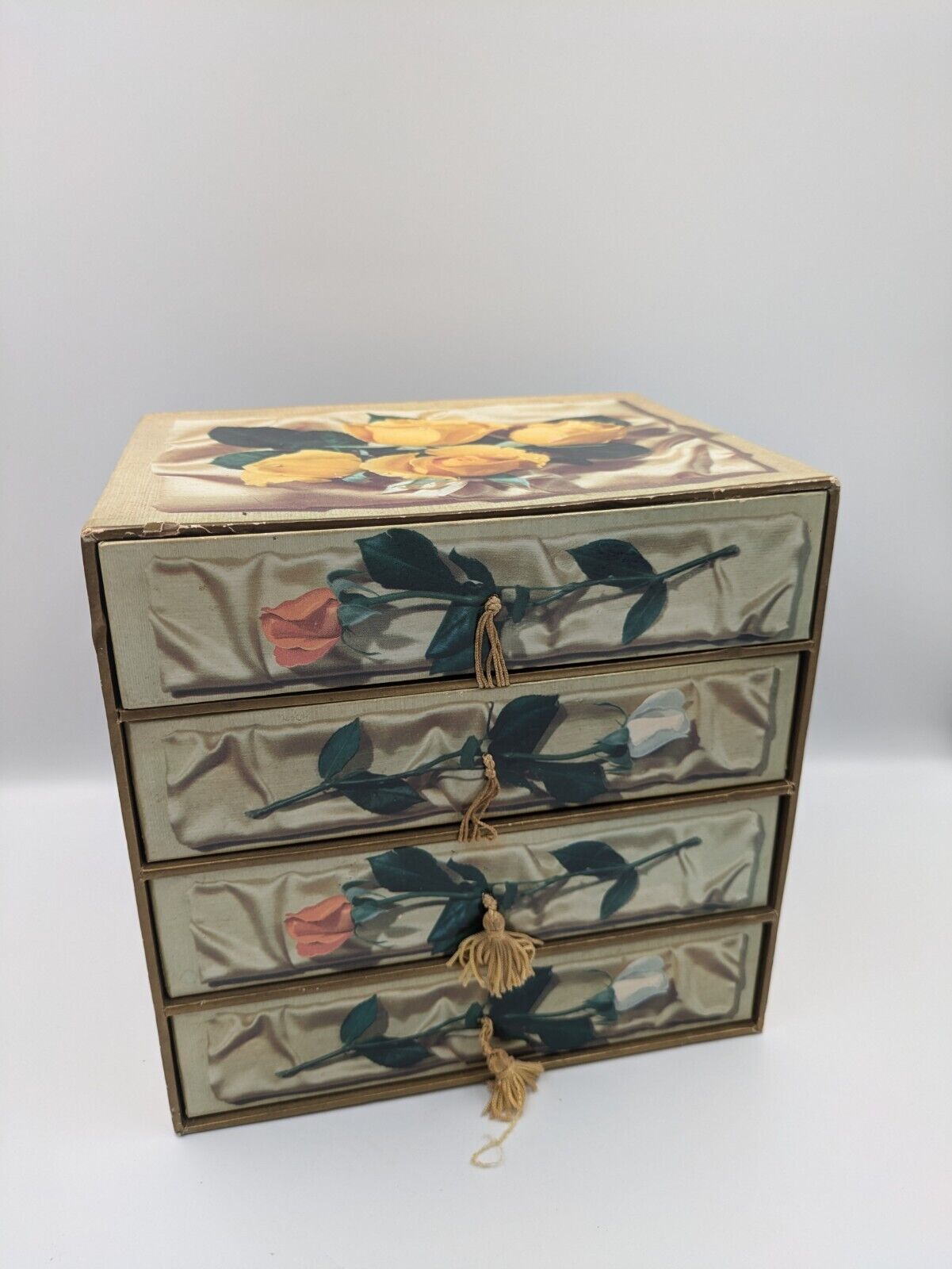 Vintage Chocolate Box Drawers Store Jewellery Sewing Joseph Terry Cardboard Rose