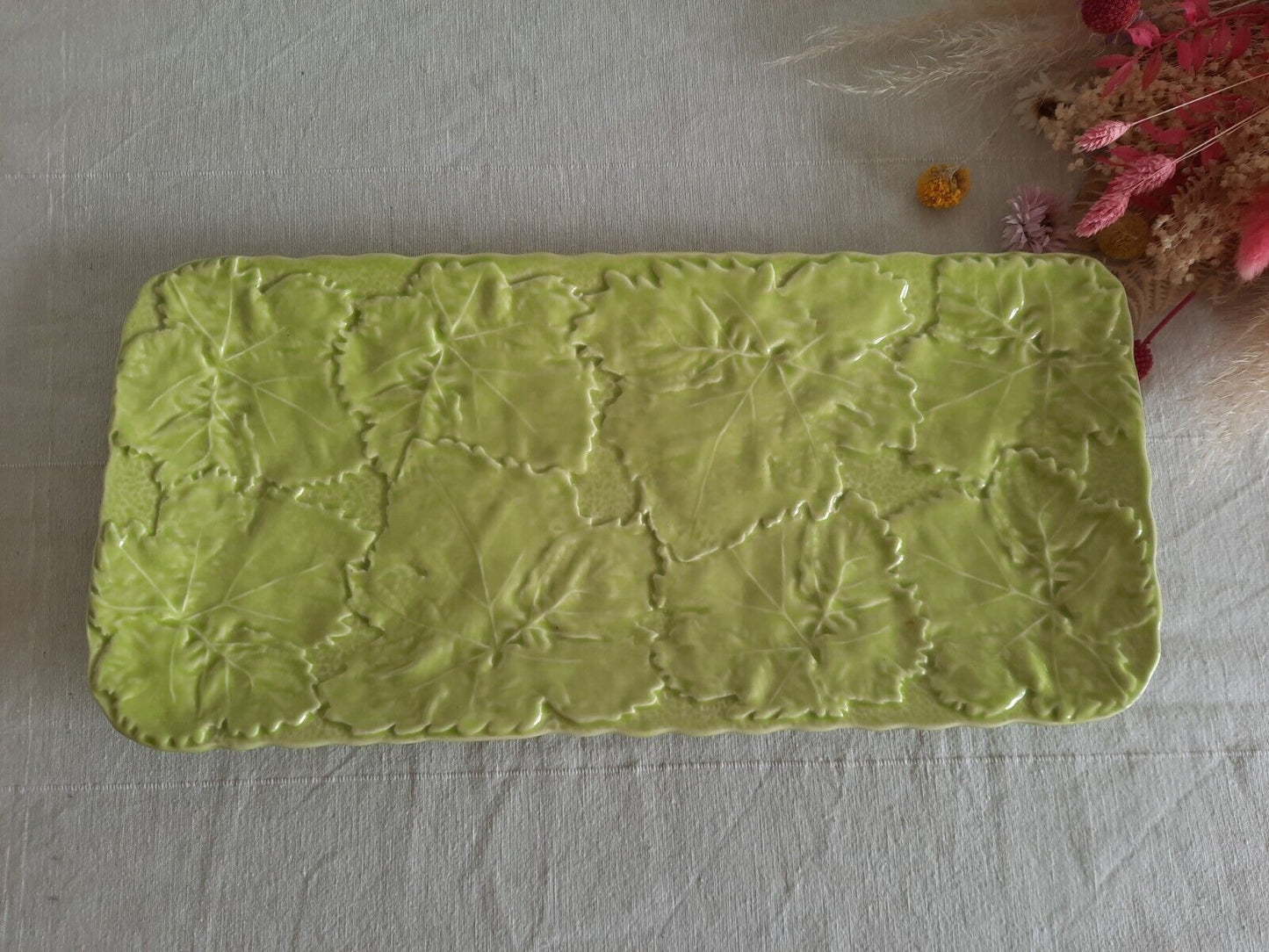 OLFAIRE Green Majolica Cabbage Leaf Big Serving Bowl Portugal Rectangular Large