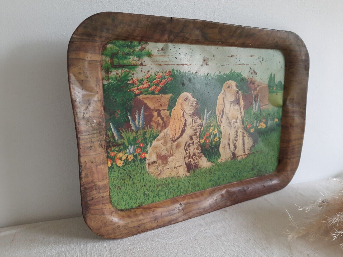 Rare 20s 30s Cocker Spaniel Dog COLOUR TIN LITHOGRAPH Antique Vintage TRAY Serve