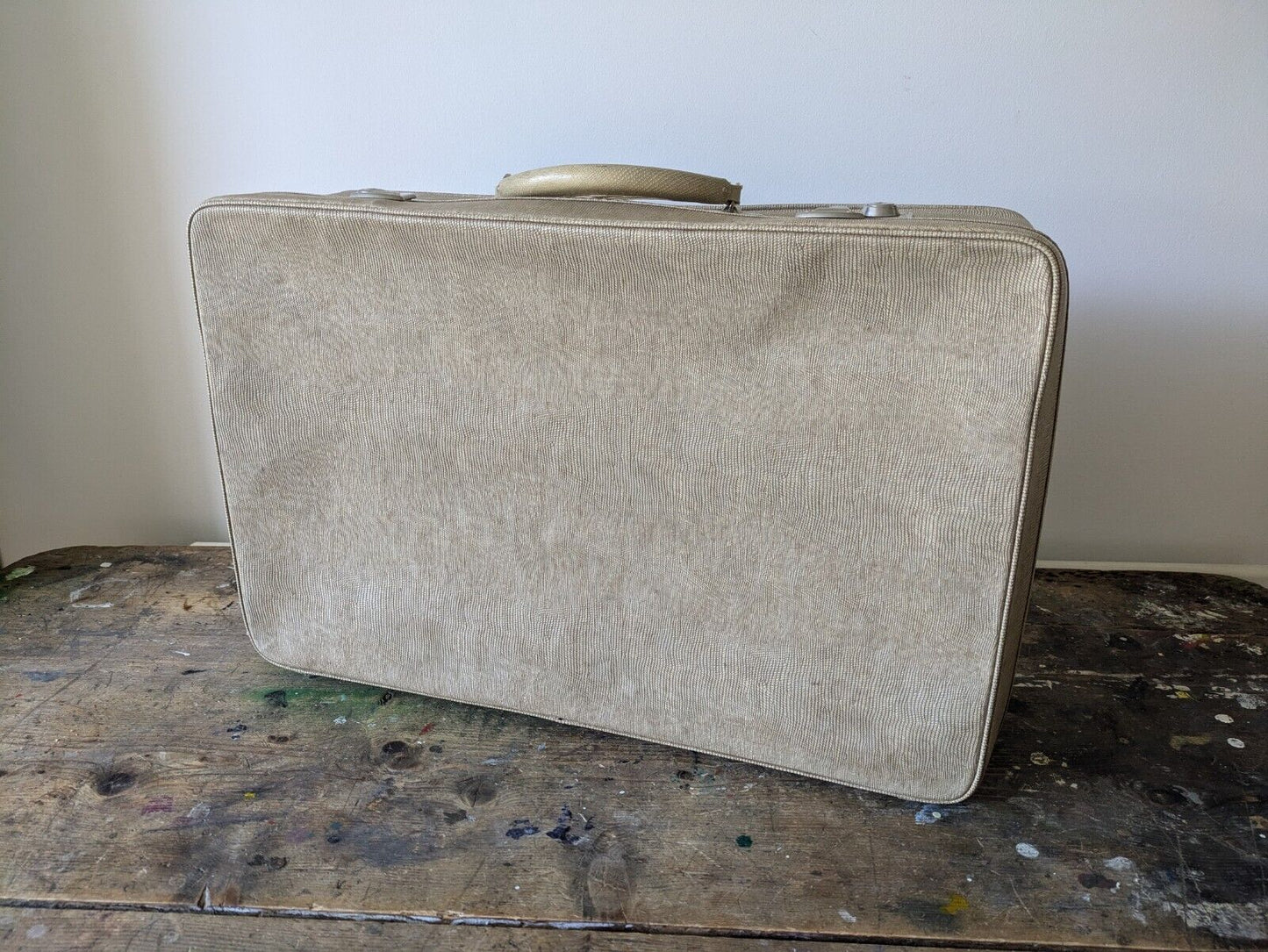 Vintage Faux Animal Skin Suitcase Beige Off White Cream Retro Luggage Prop Vgc