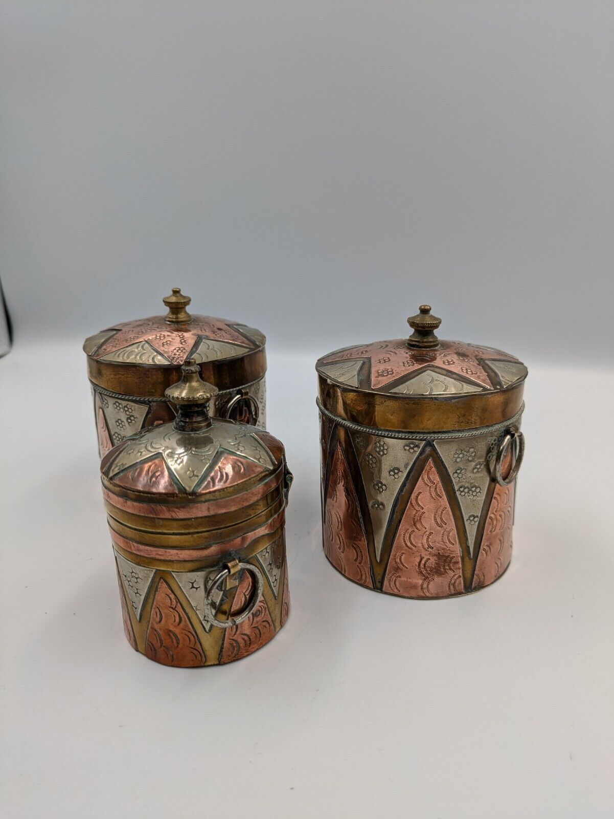 SET OF 3 VTG ISLAMIC PERSIAN COPPER BRASS MIXED METALS SNUFF HANGING BOX GIFT