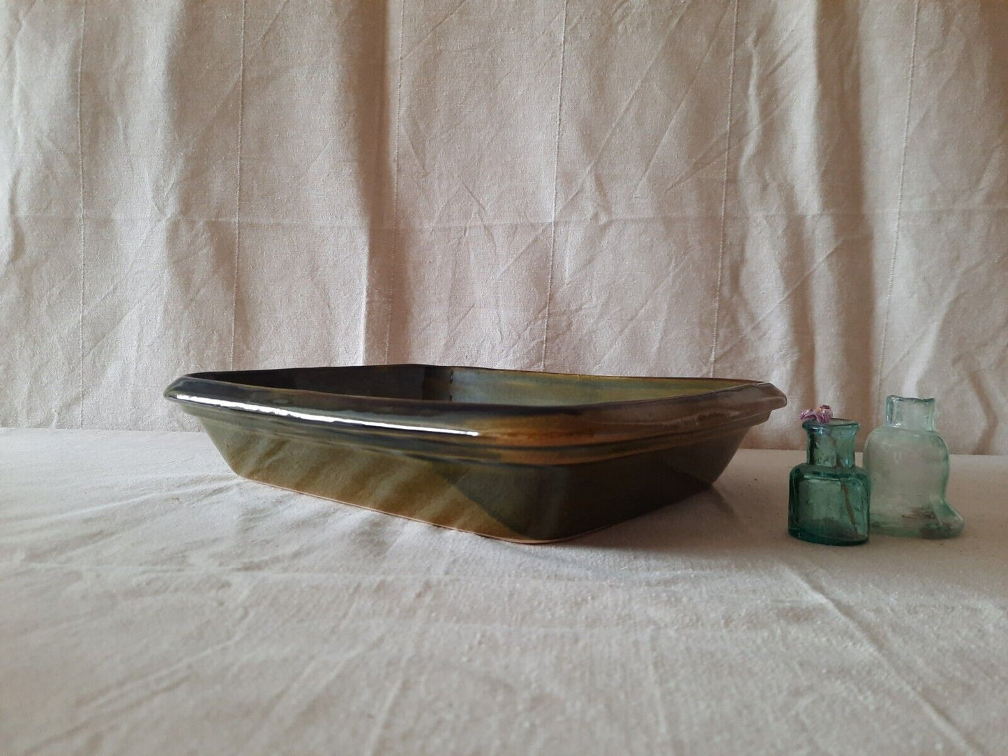Vintage France French Green Glazed Casserole Dish Stoneware Tray Oven Rare Mint