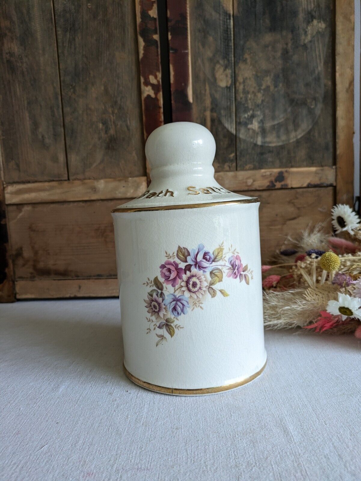 LARGE VINTAGE CERAMIC LID POT BATH SALTS PRICE KENSINGTON FLORAL JAR CONTAINER