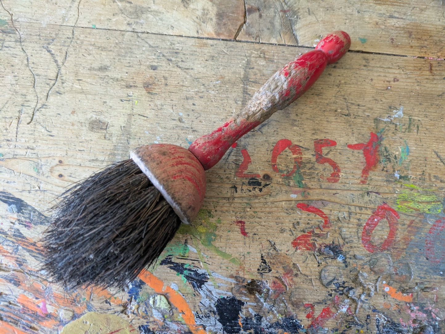 Antique Early Shaker Brush Primitive Wood Handle Red Paint Patina Chippy Vtg