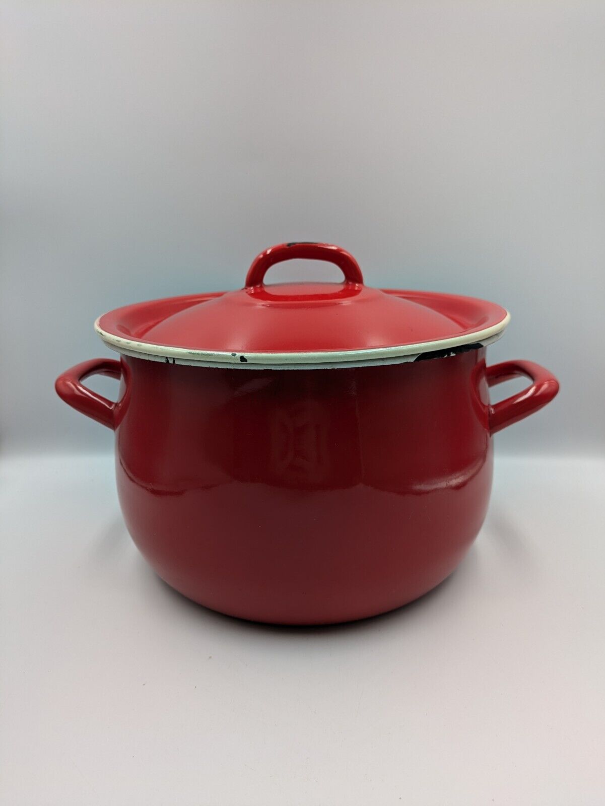 Red Enamel Lrge Cooking Pot Casserole Vtg Retro 1907 Olkusz Poland Prop Kitchen