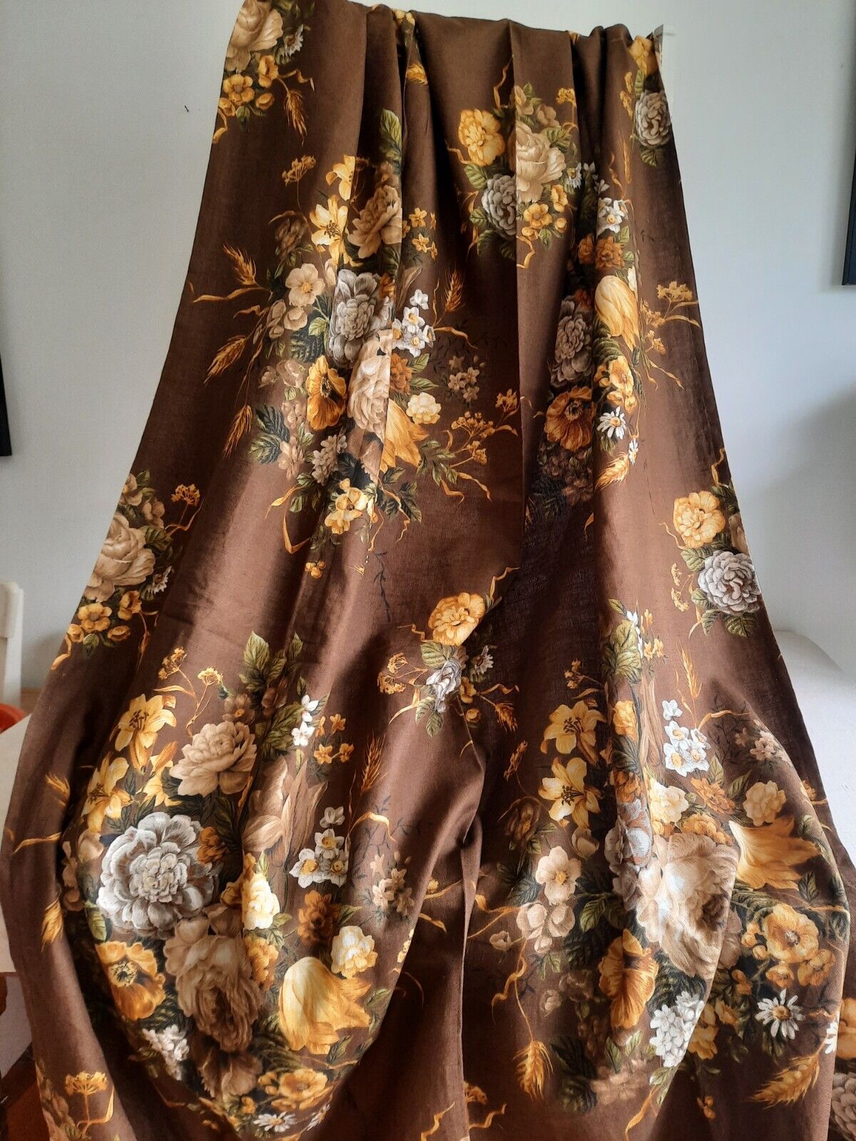 Vtg Moygashell Curtain Brown Fabric Thick 245cmLX 130cmW Retro Rose Floral
