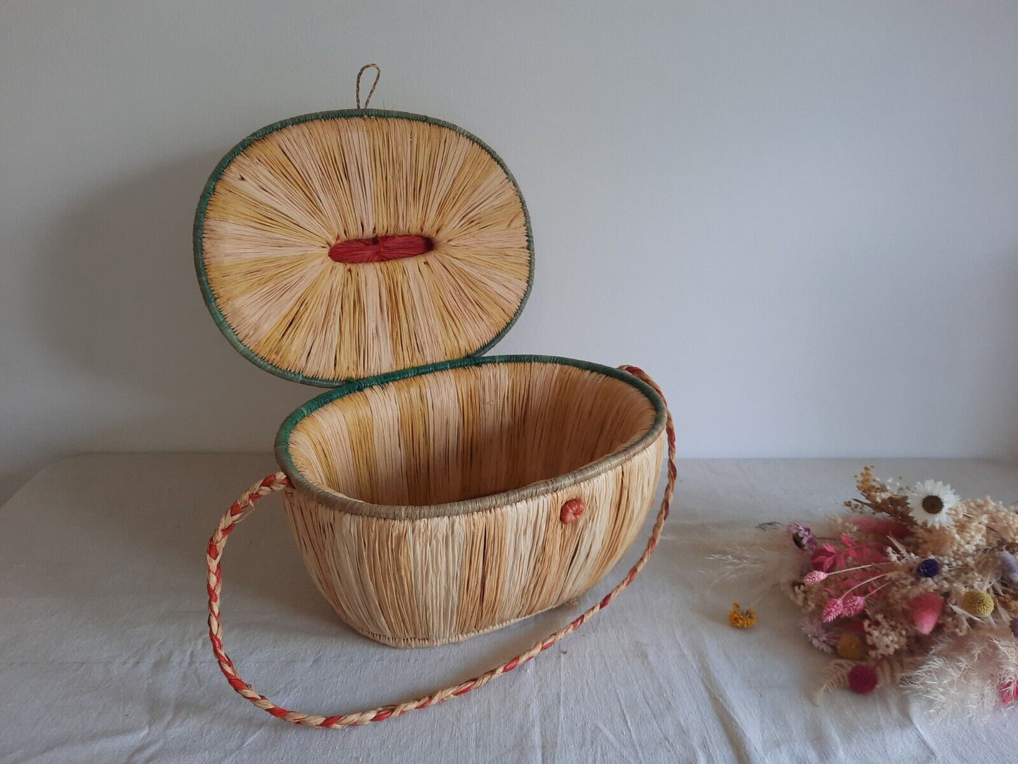 1930s Vintage Rare Wicker Shopping Basket Raffia With Lid And Strap Carry Handle
