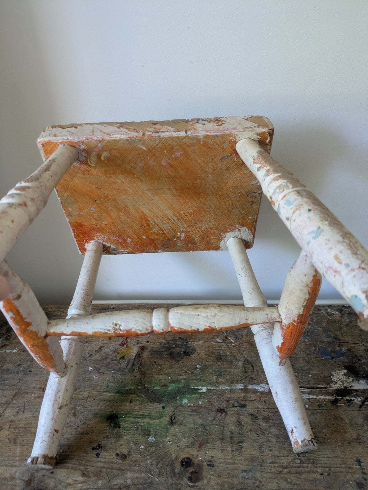 Victorian Antique Foot Stool Chippy Paint original seat chair Vtg Milking Step
