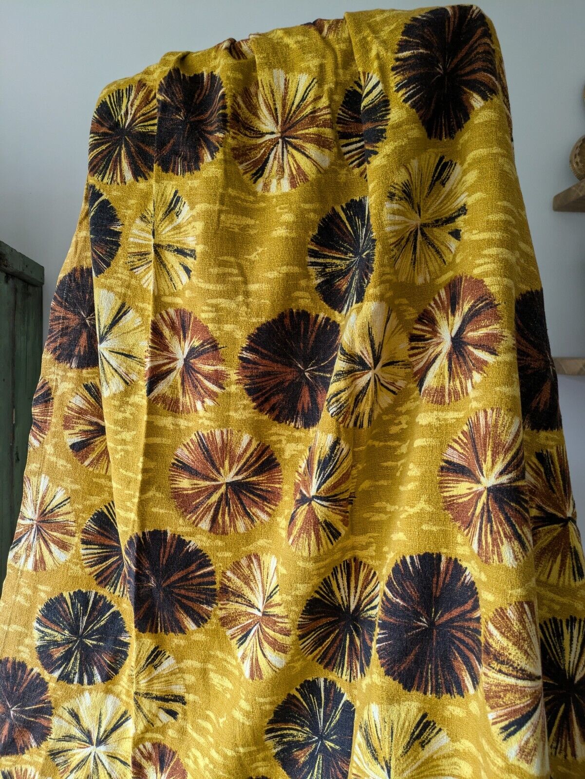 Pair of barkcloth Curtains Yellow rare retro vintage Mustard Spot Floral Bloom
