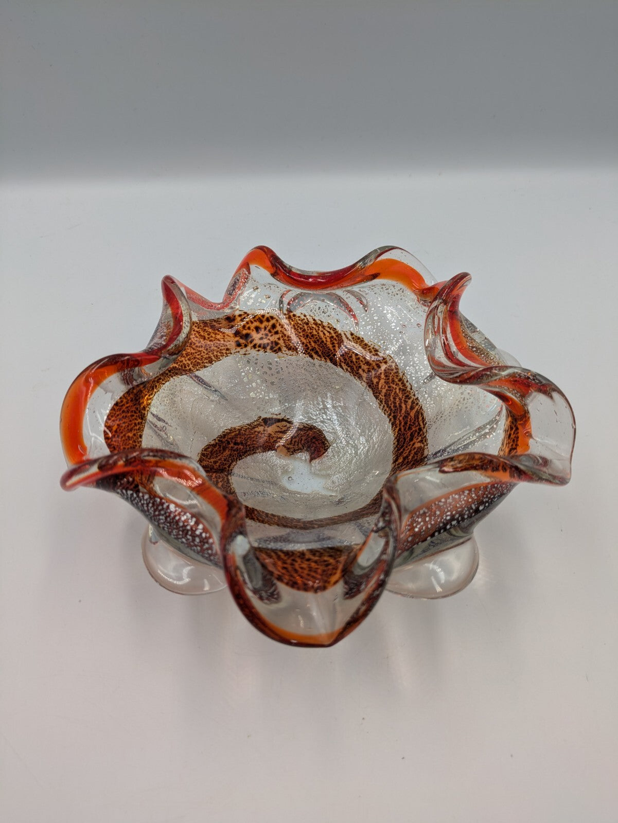 Vintage Retro Murano Art Glass Bowl Red Spiral Gold Dust Aventurine Dish Display