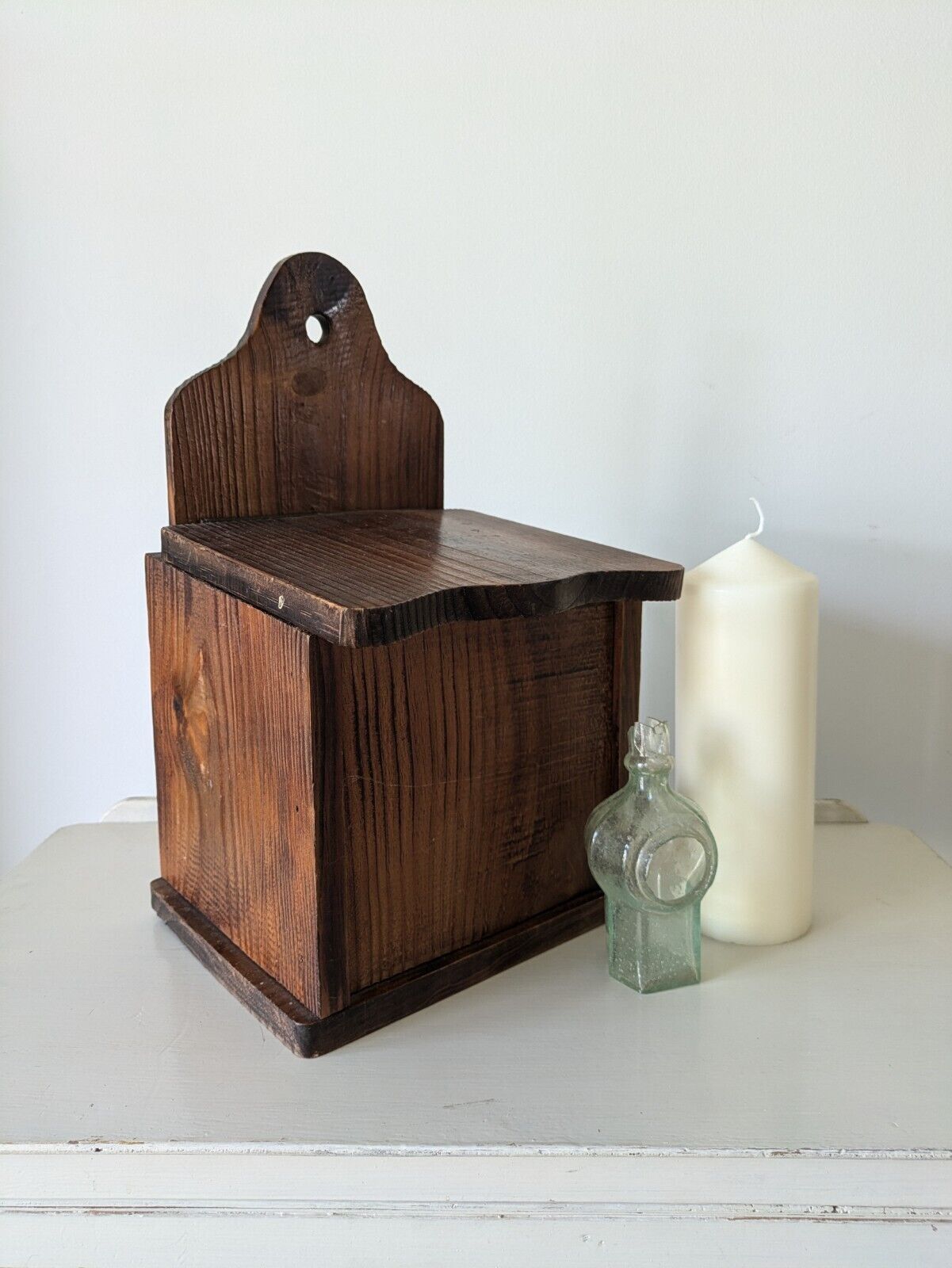 Antique Vintage Pine Candle Salt Box wall sconce keys Gothic original old shelf.