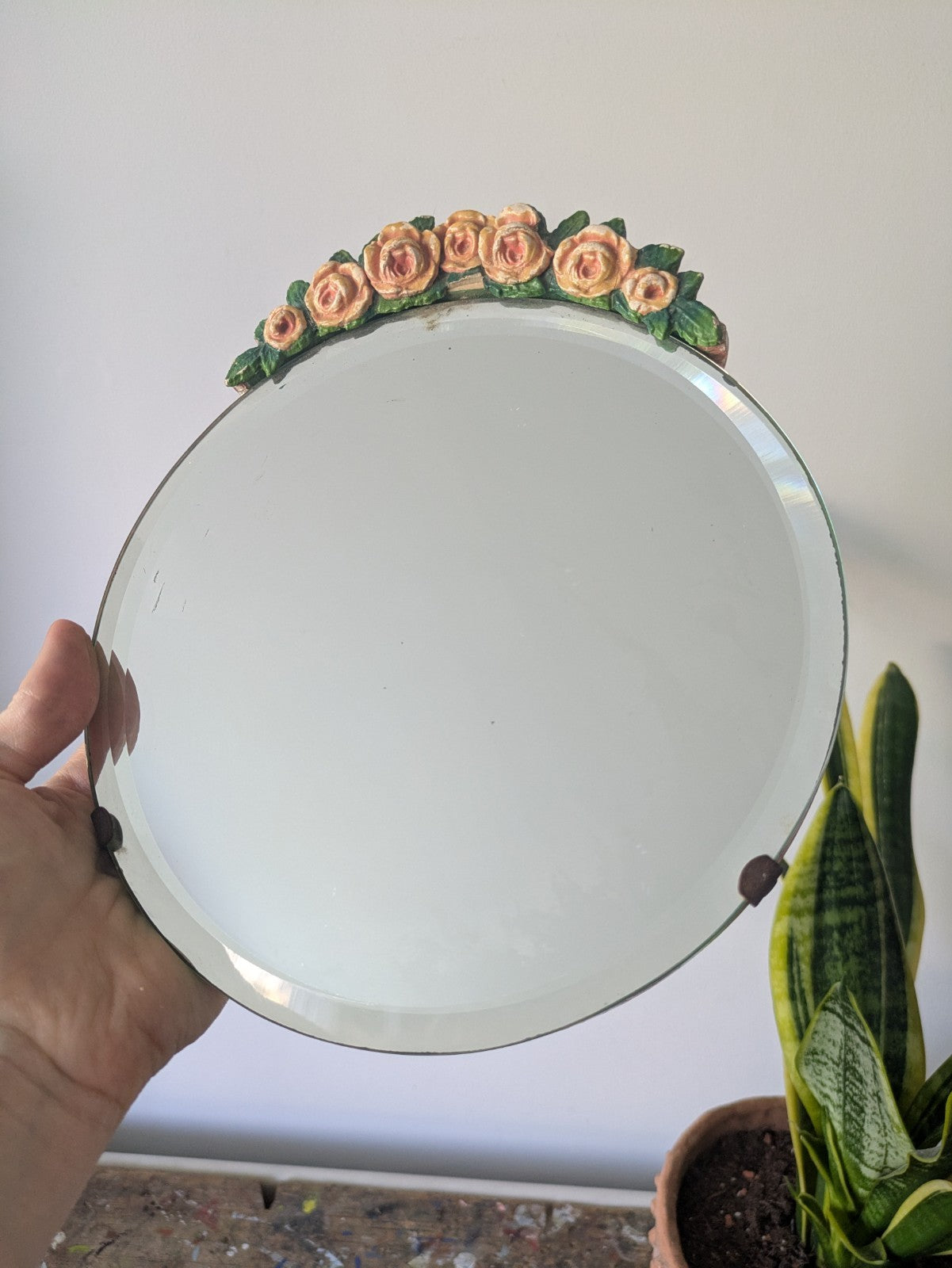 Vintage Barbola Mirror Circa 20s 1930s art deco floral antique Round bevel edge