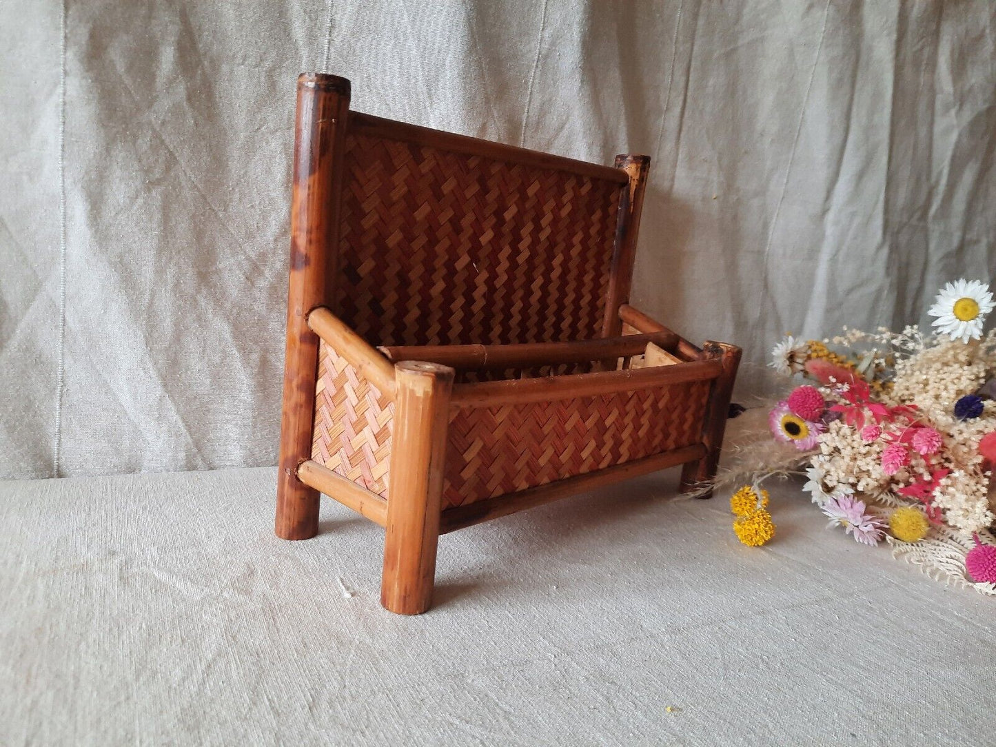 VINTAGE TIKI BAMBOO LETTER RACK SHELF DESK TIDY BOHO CANE RED RETRO MIDCENTURY