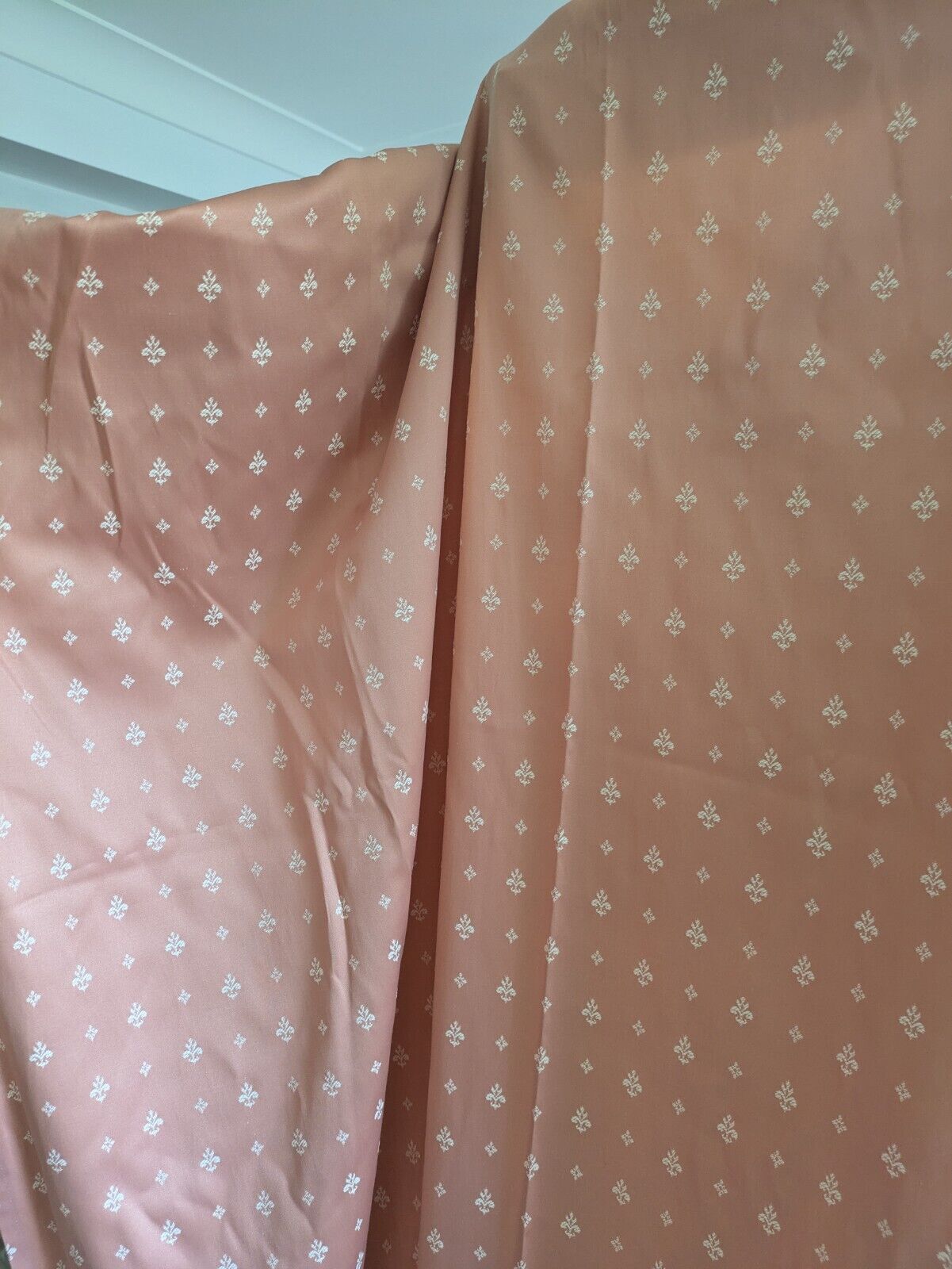 Pair Vintage Pink 80s Shabby Chic Salmon Fleur De Lys Curtains VTG Style Pretty