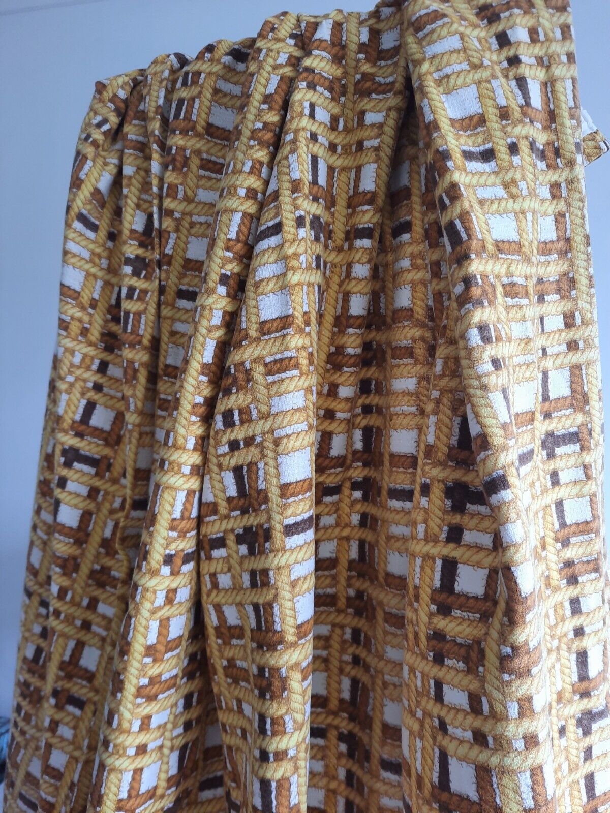 Pair of barkcloth Curtains Rope rare retro vintage braided trompe-l’oeil Rare
