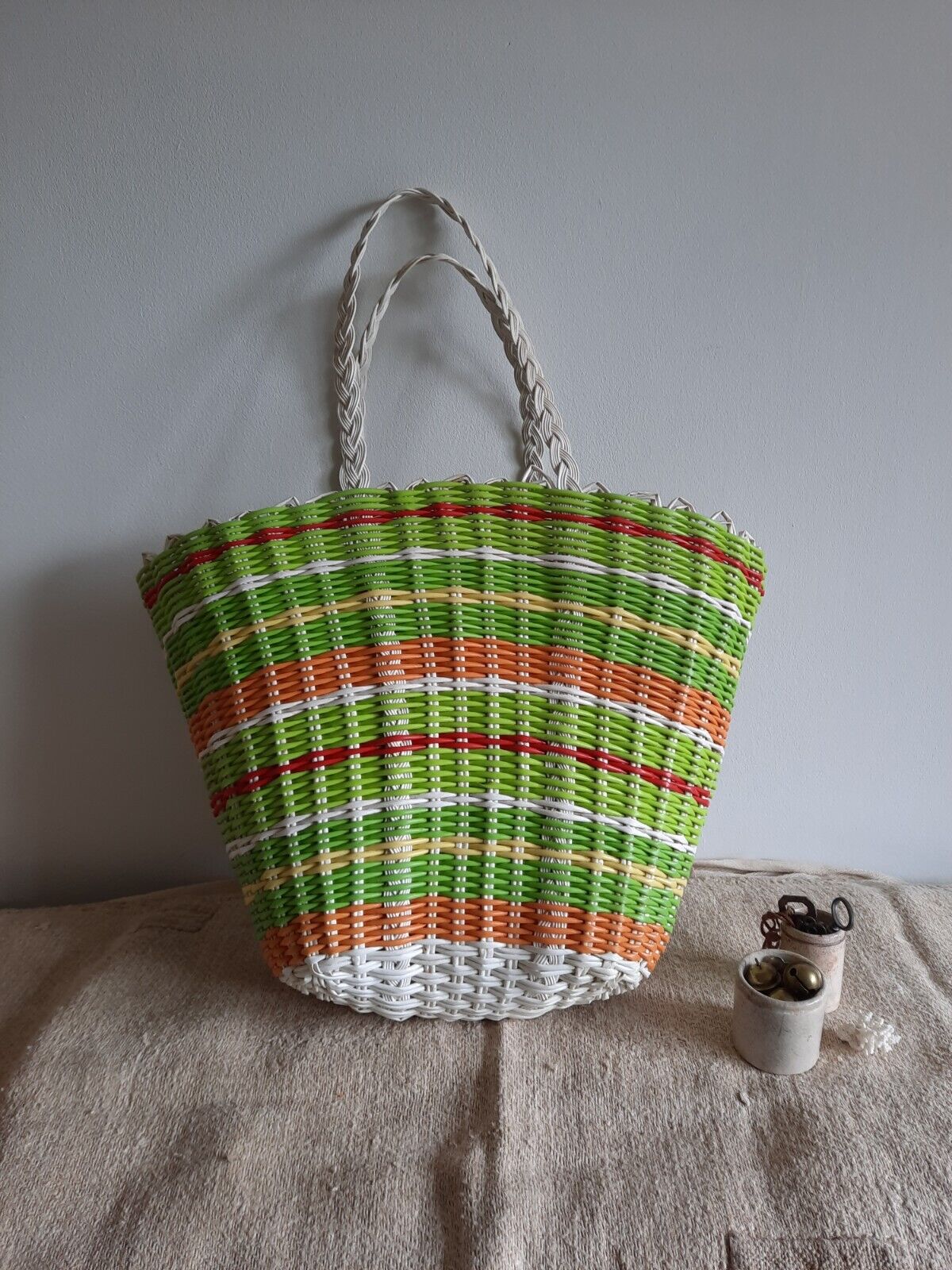 Vintage Woven retro large shopping basket handbag plastic bag green stripe old