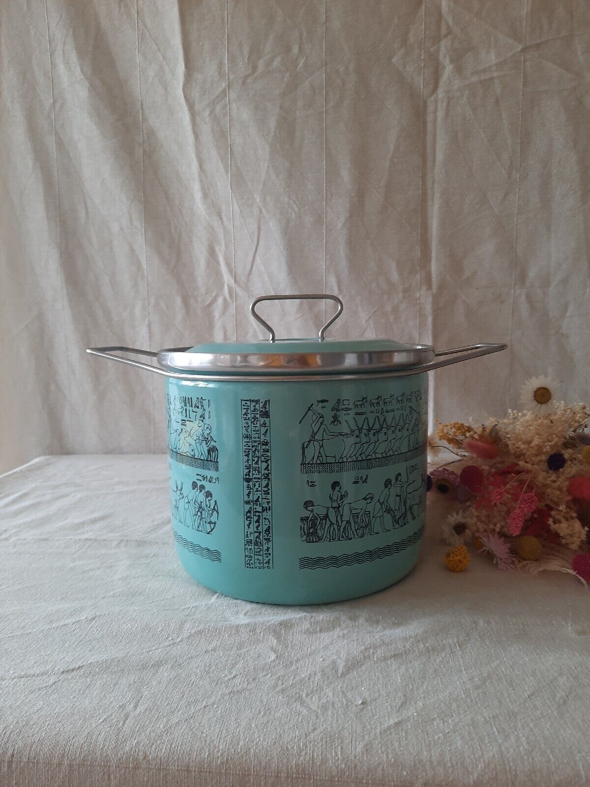 XL Pot in Metal Enamelled Turquoise Duck Egg Siltal Egyptian Design Vtg Retro MC