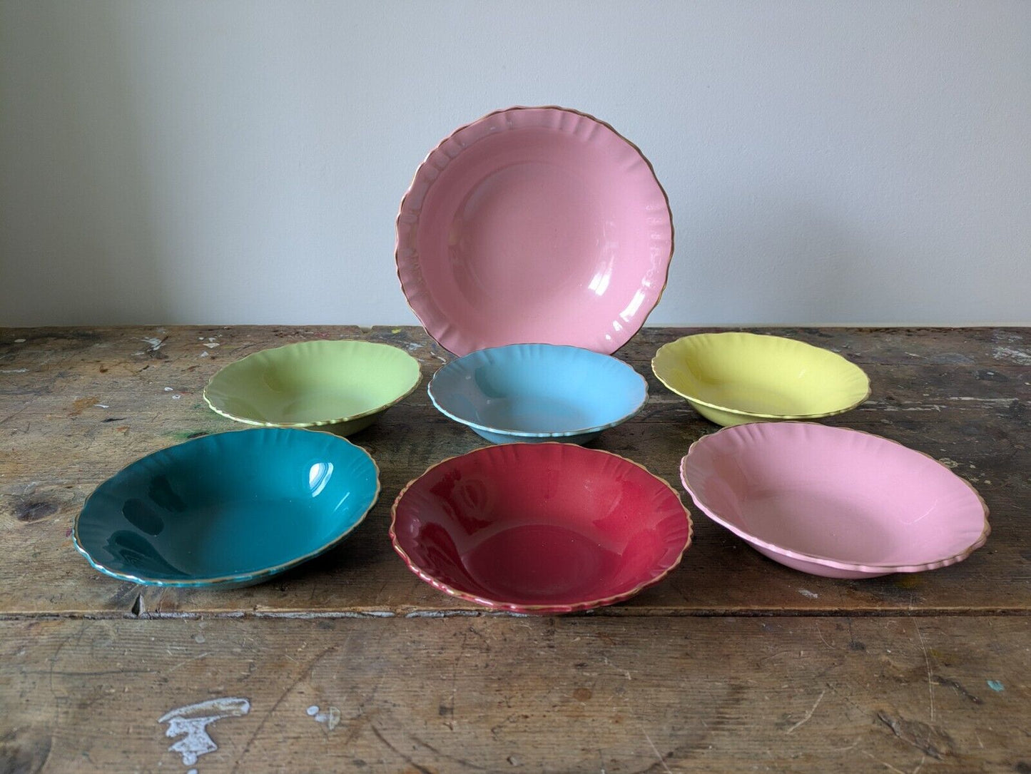 Rare set of Bowls Serving Dinner Old Foley Gaiety 6720 Multi Coloured Gilt Vtg