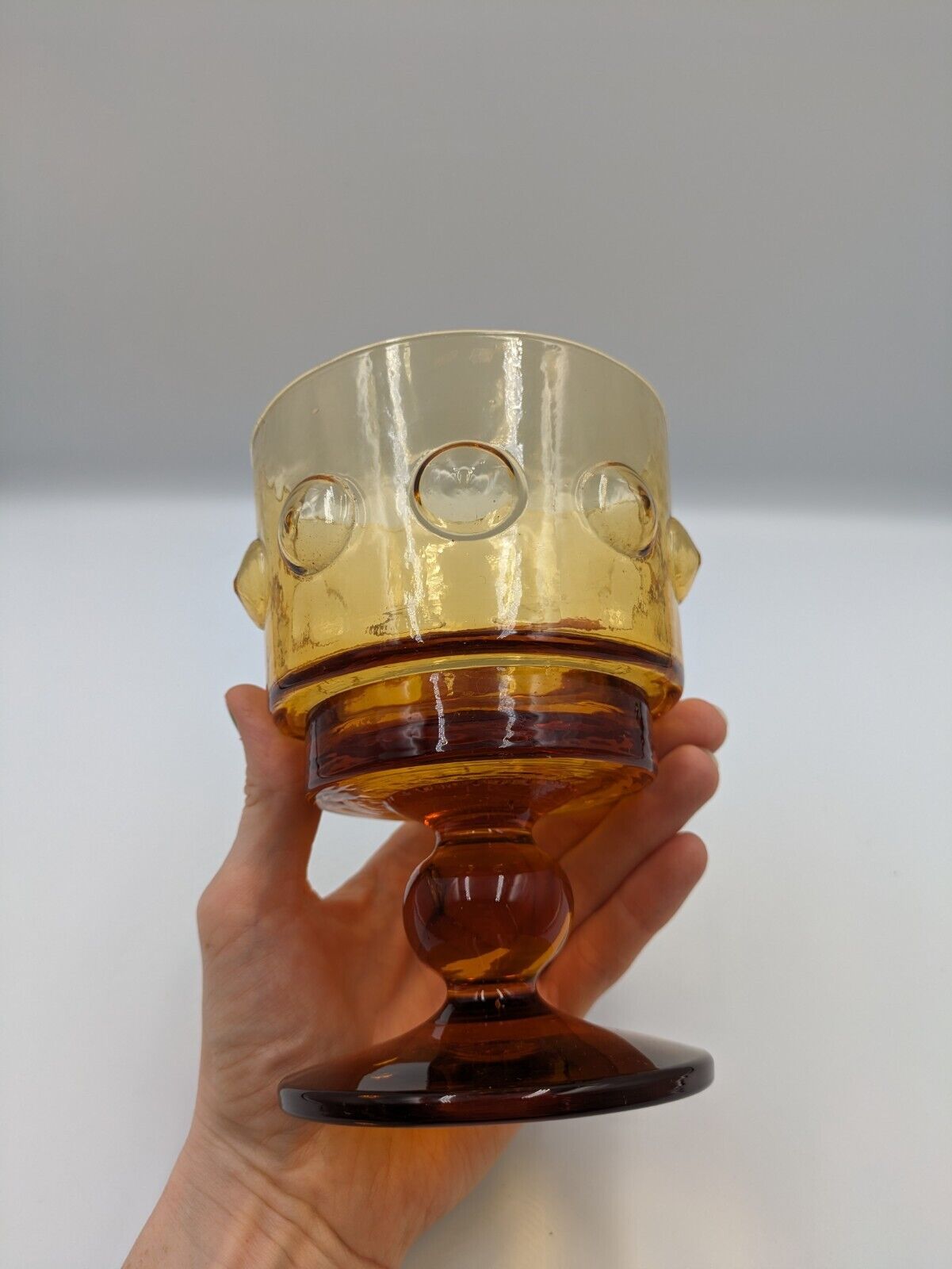 Vintage Indiana Glass amber Mustard Tiara Kings Crown Ball water goblet Bulbous