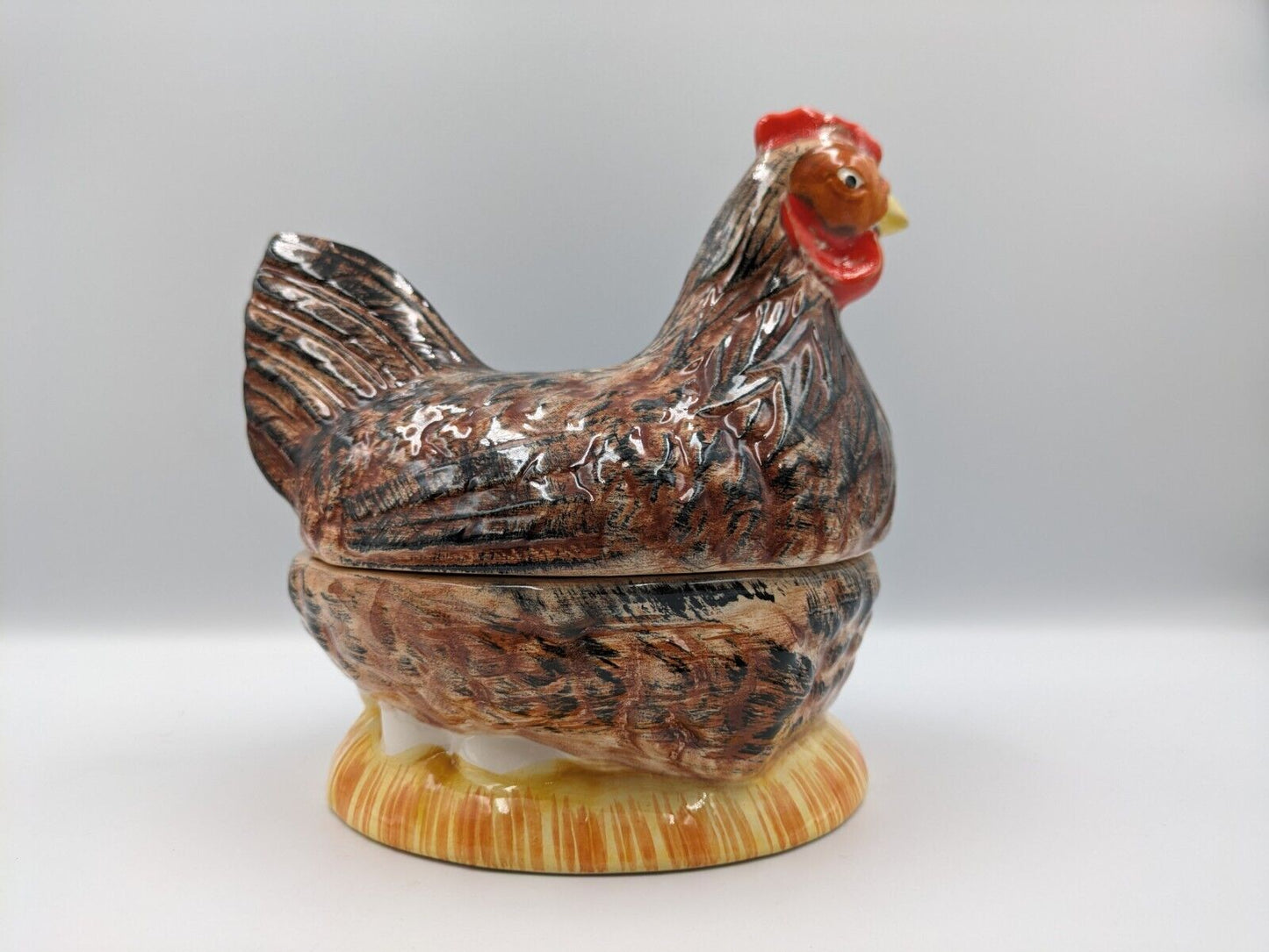 Vintage Michel Caugant French Faience Hen Figurine Pâté Terrine Dish Majolica