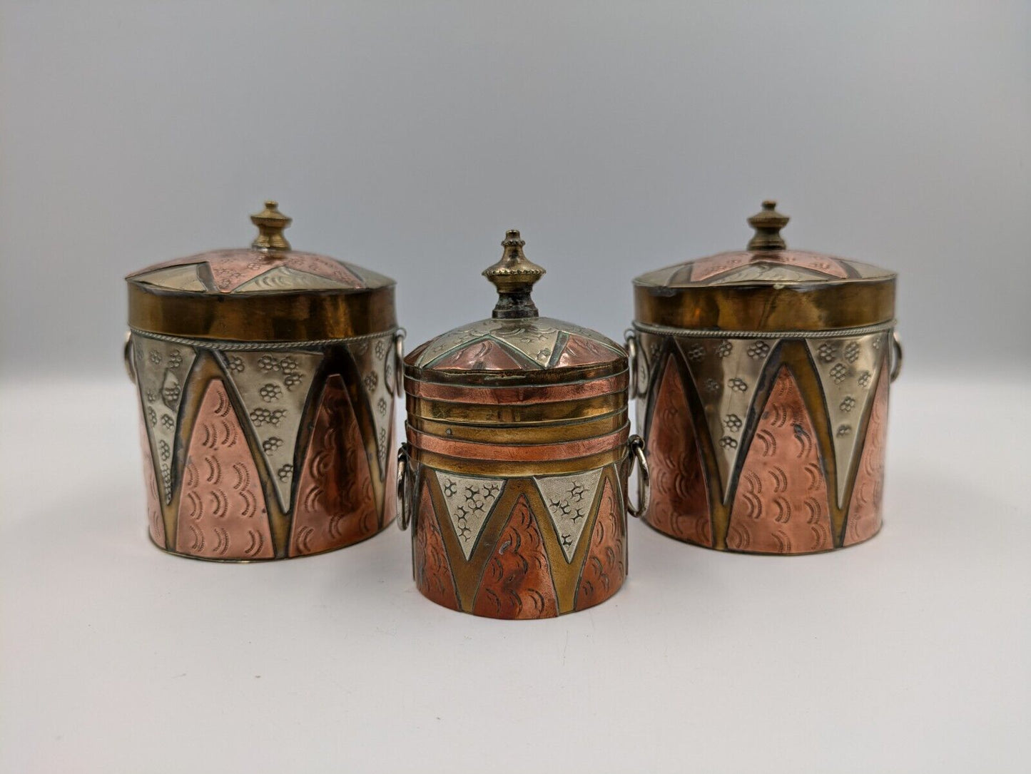 SET OF 3 VTG ISLAMIC PERSIAN COPPER BRASS MIXED METALS SNUFF HANGING BOX GIFT