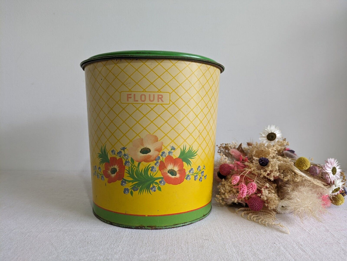 Vintage 1930s 40s Handiware Large Flour Storage Tin / Canister Rare Prop Kitchen