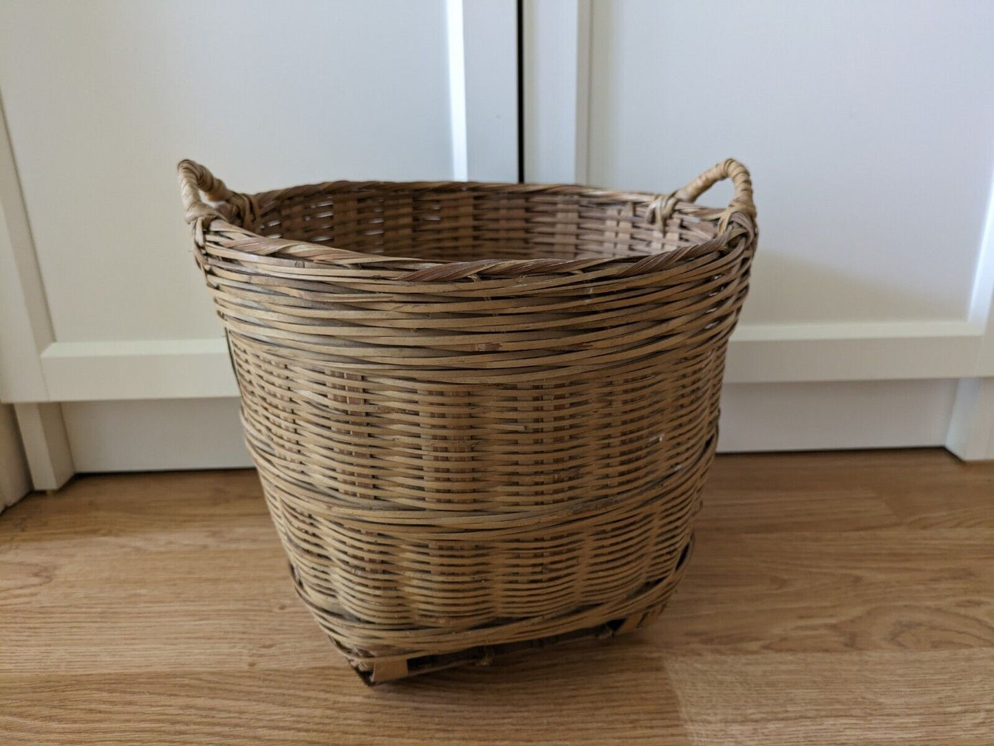 Vintage Asian Wicker Bushel Basket Handles Rattan Frame Storage Sturdy Bucket