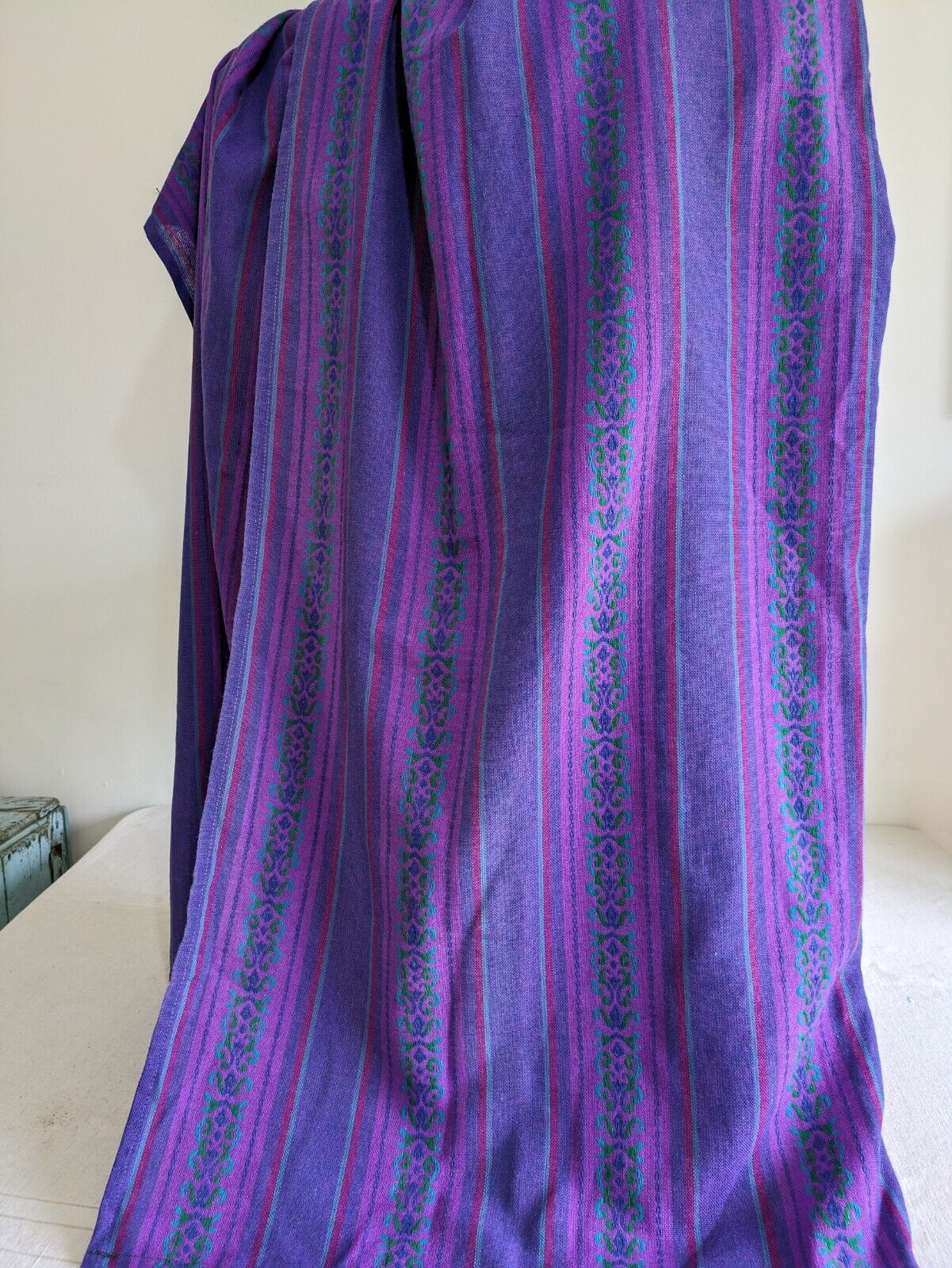 PAIR VINTAGE RETRO PURPLE PATTERNED STRIPE MIDCENTURY CURTAINS 111cmD 113cmW Vgc