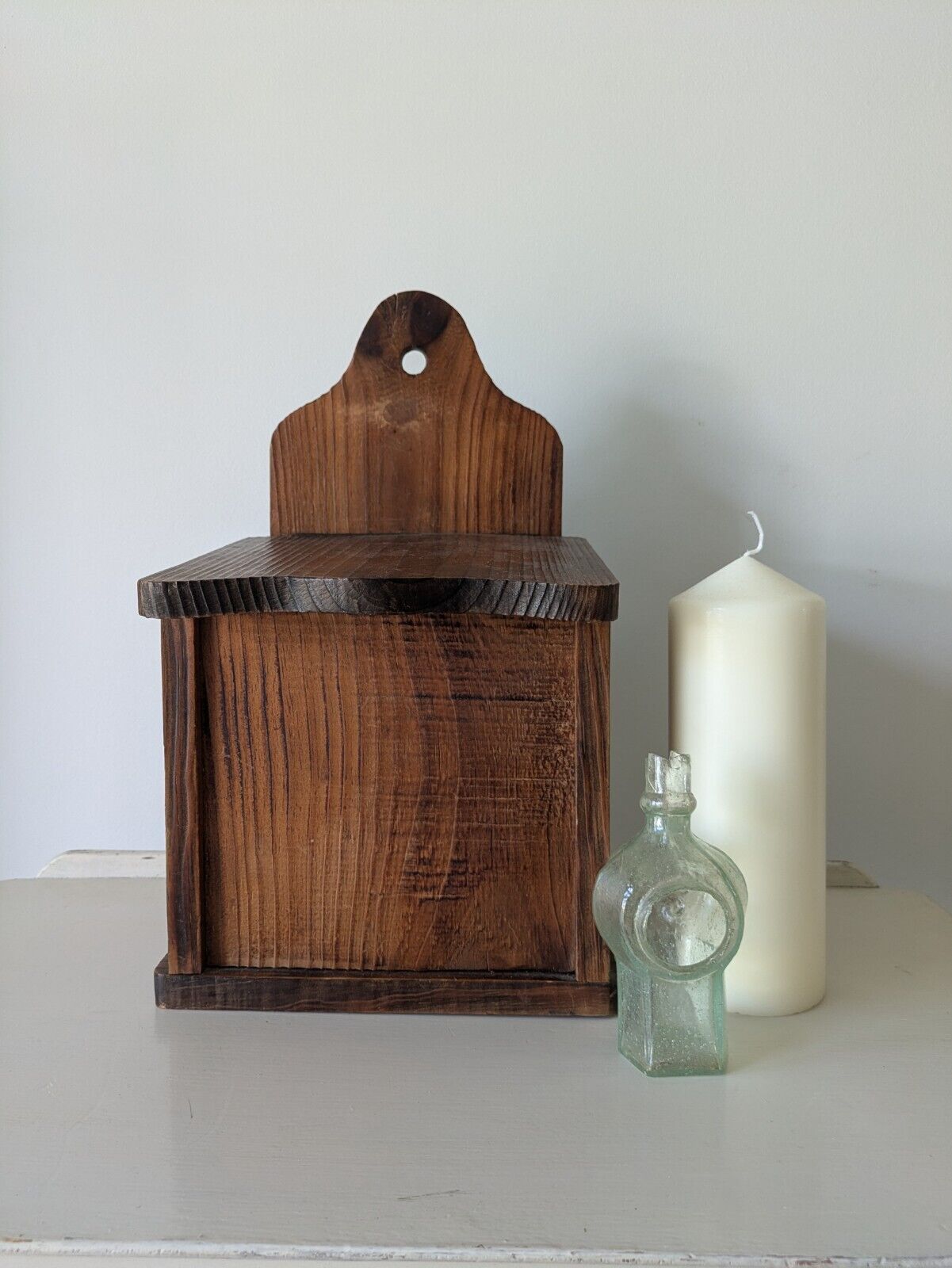 Antique Vintage Pine Candle Salt Box wall sconce keys Gothic original old shelf.