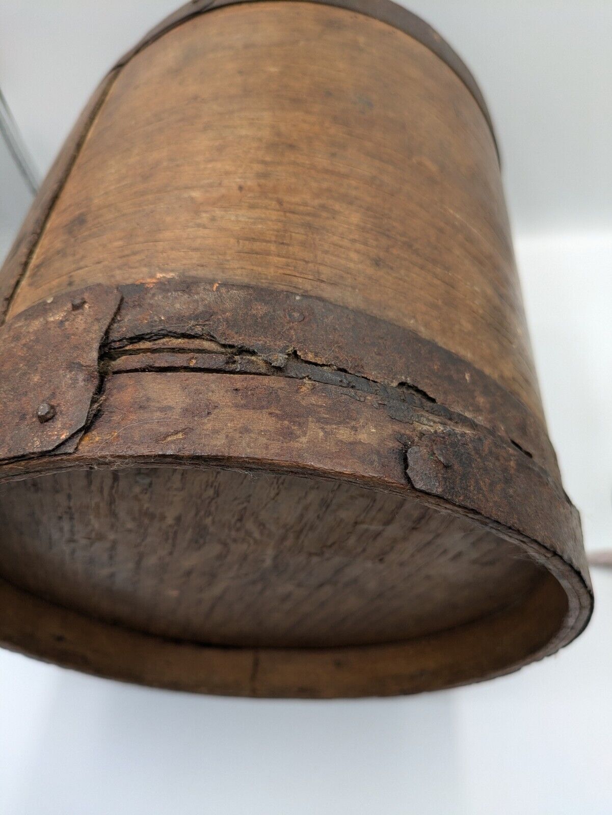 Vintage Bentwood Primitive Heavy Iron Grain Measure Pot Handmade Banded Metal