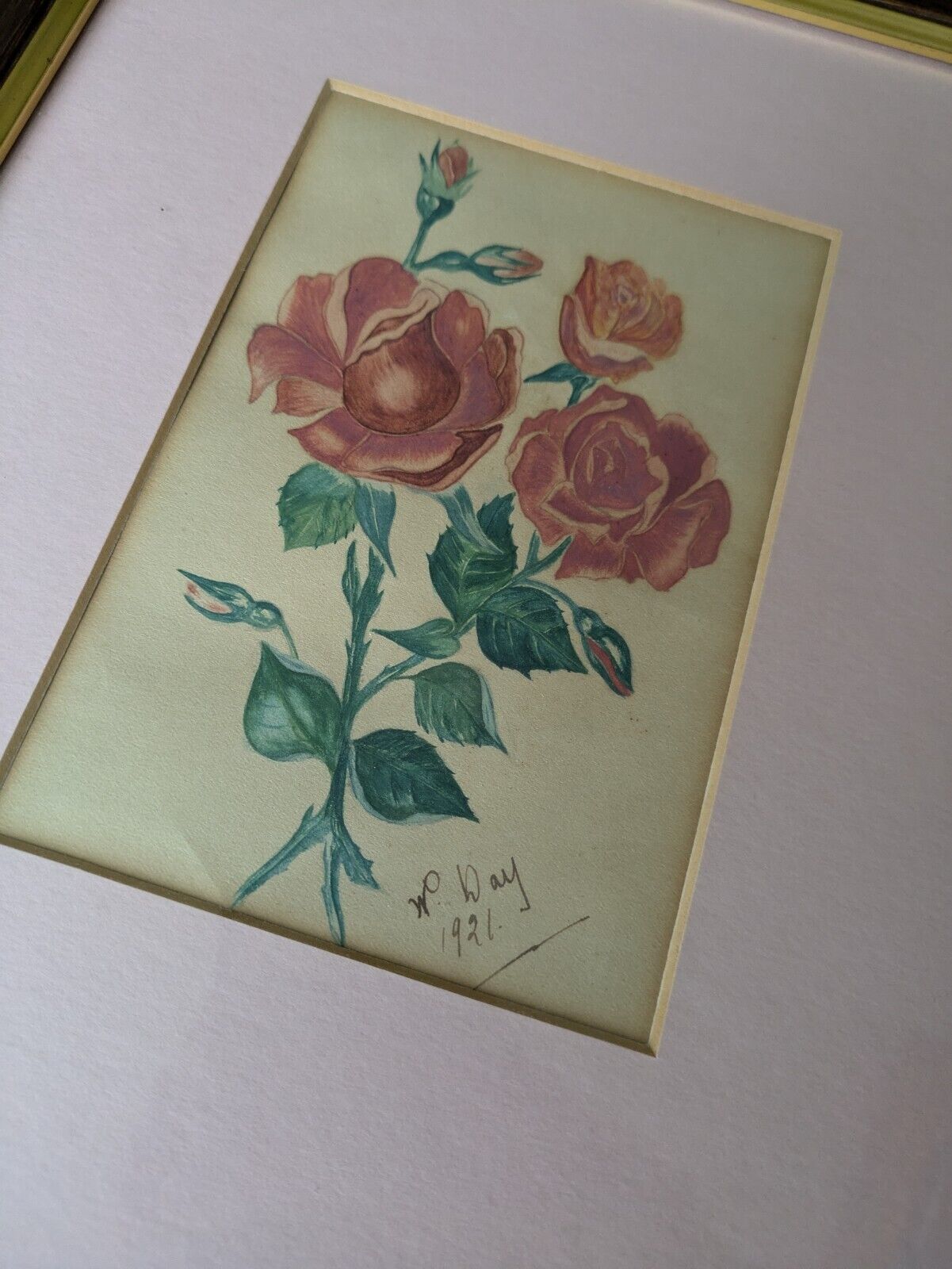 1921 Signed Antique Rose Painting By W H Day Frame Pink Mount W H Day Artist Vgc