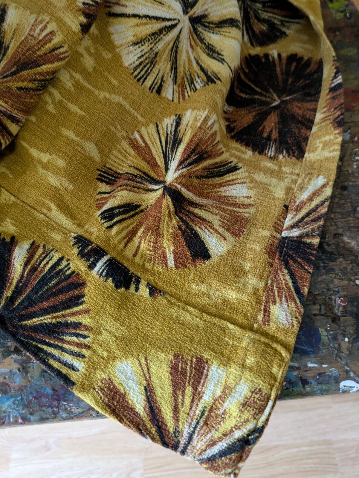 Pair of barkcloth Curtains Yellow rare retro vintage Mustard Spot Floral Bloom