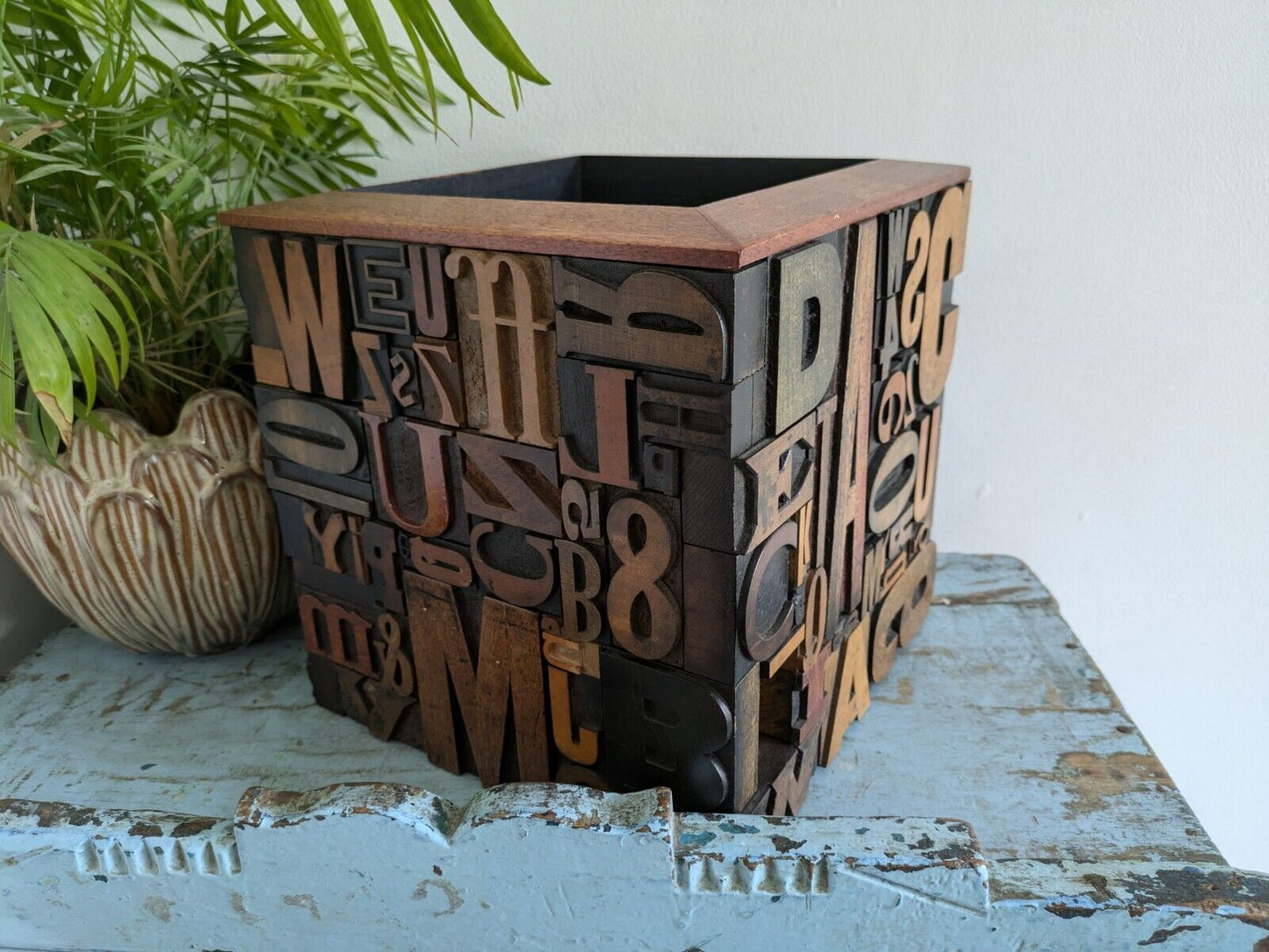 Large Vintage Antique letterpress wooden Printing Blocks Mosaic Planter Pot Bin