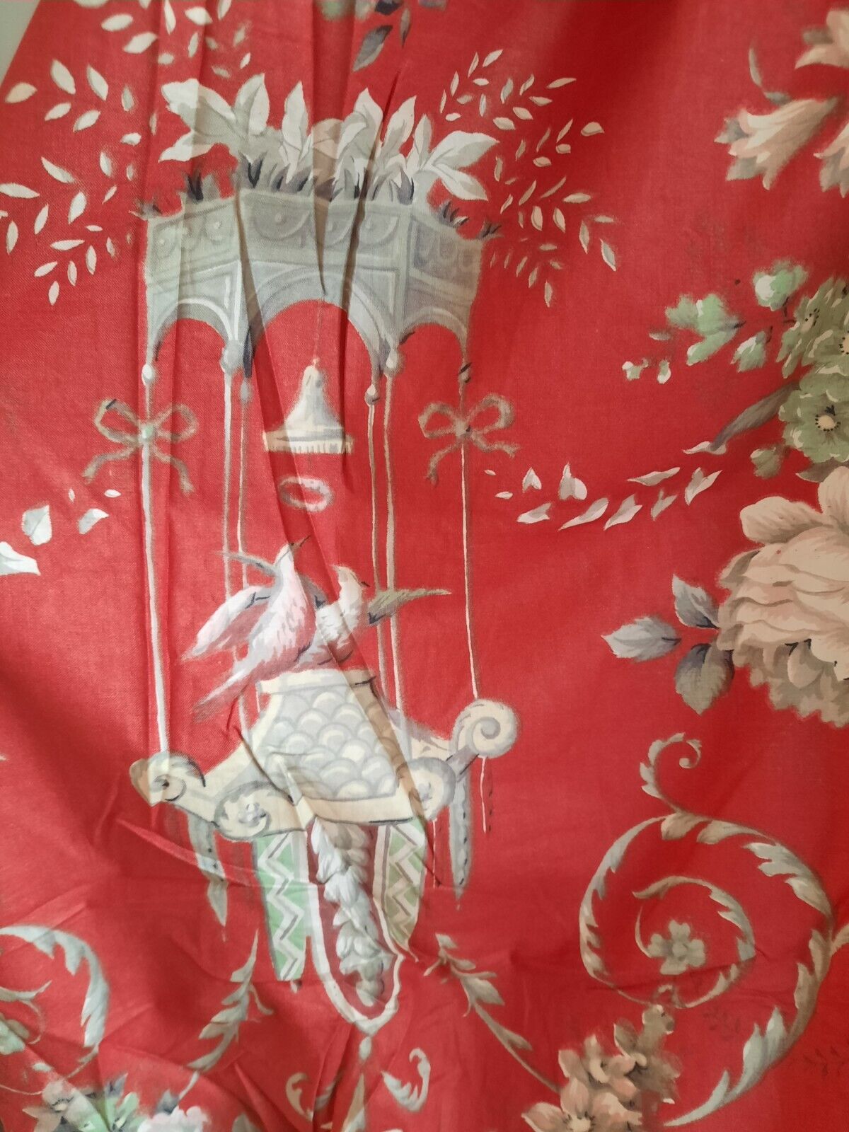 Vtg antique 40s french red floral fabric Cabbage Rose Bird Cage 2.33m X 2.45m