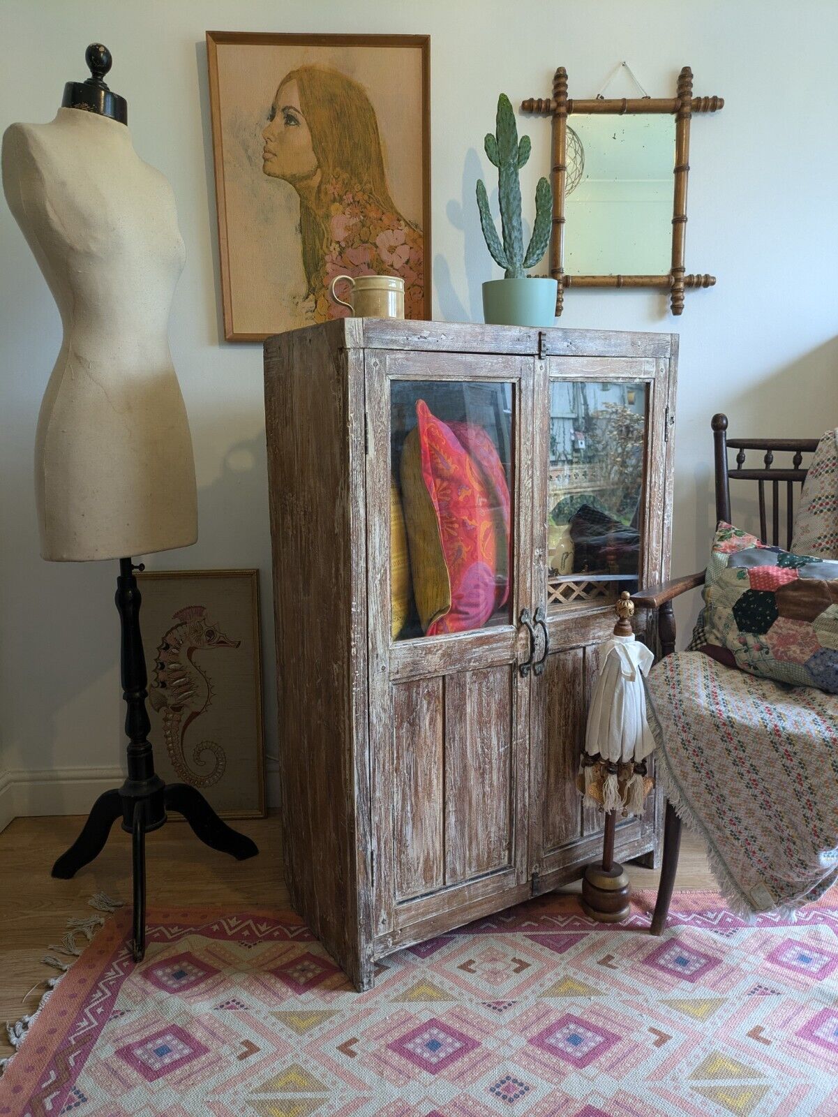 Restored Antique VTG Wood Indian Cabinet Cupboard Paint Glazed Reclaimed Rustic