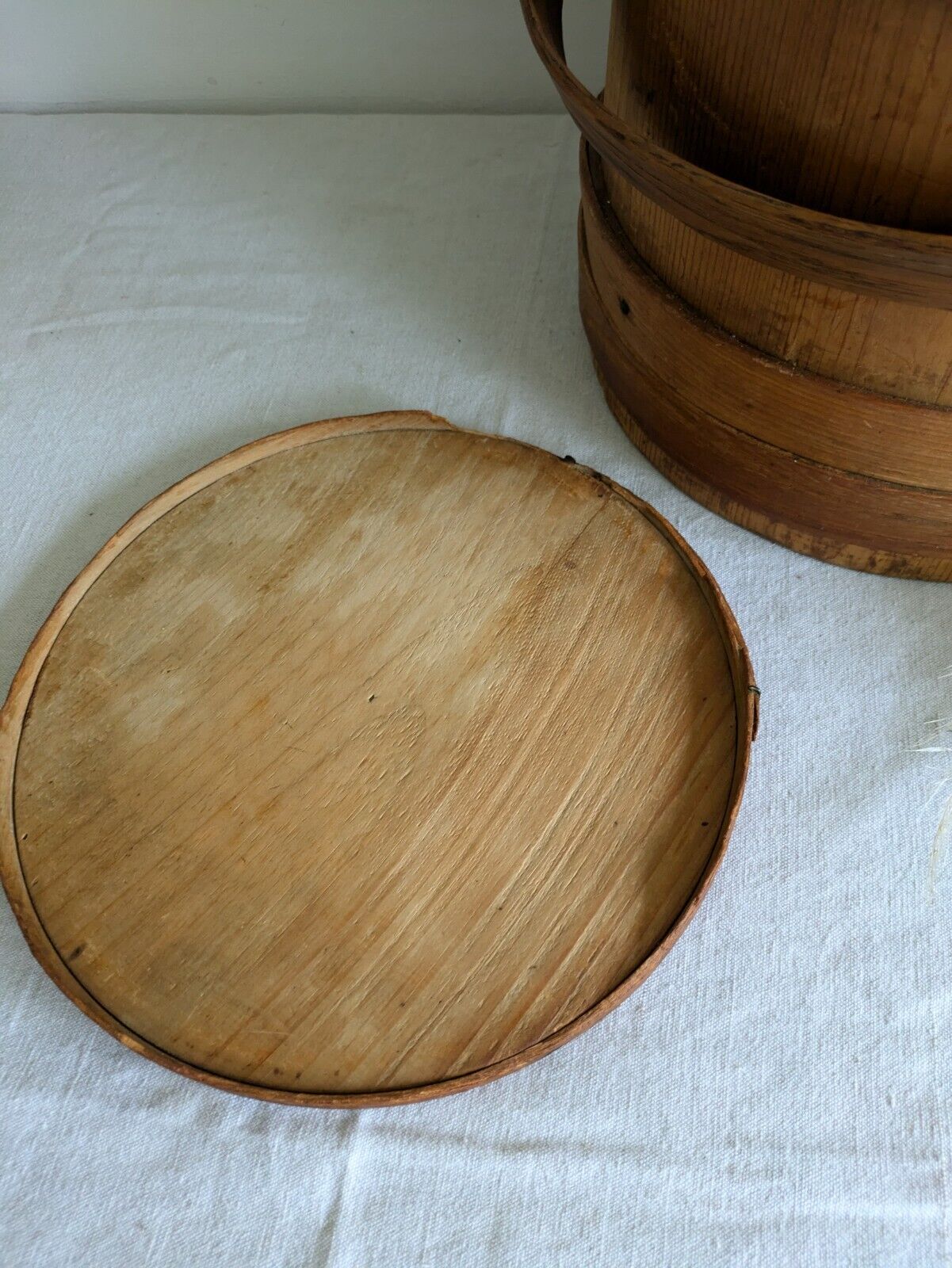 Vintage Wooden Firkin Sugar Bucket Lid Handle Primitive Pantry Pail 19th Century