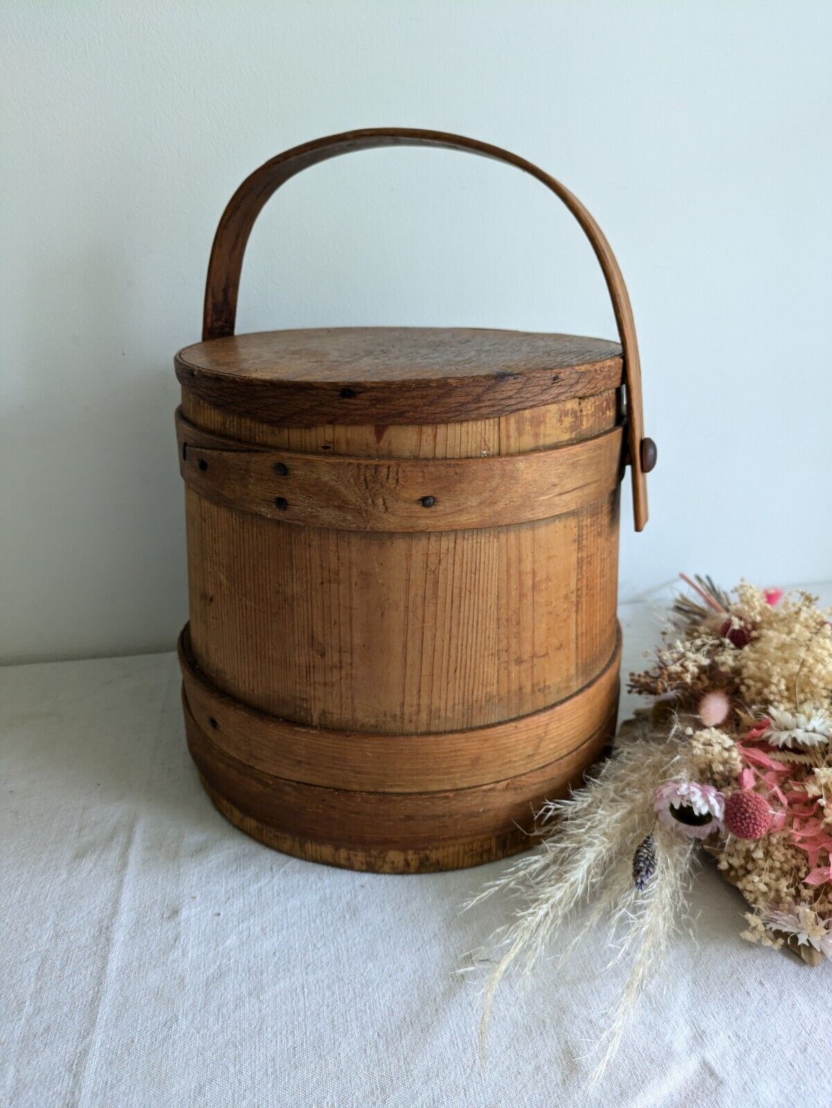 Vintage Wooden Firkin Sugar Bucket Lid Handle Primitive Pantry Pail 19th Century