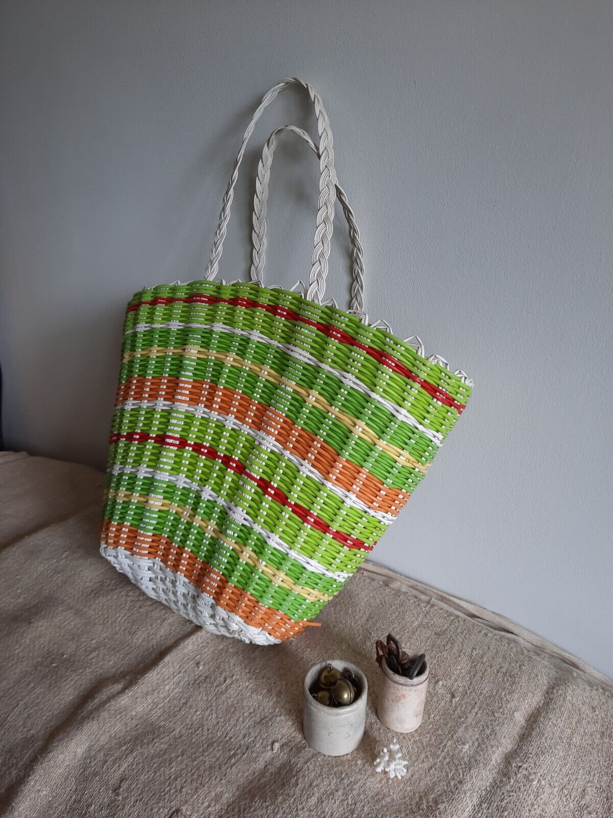 Vintage Woven retro large shopping basket handbag plastic bag green stripe old