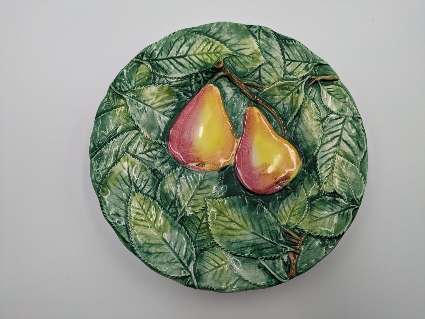 2x Neiman Marcus Majolica Fruit Plates Made in Italy Decorated Leaf Pear Side
