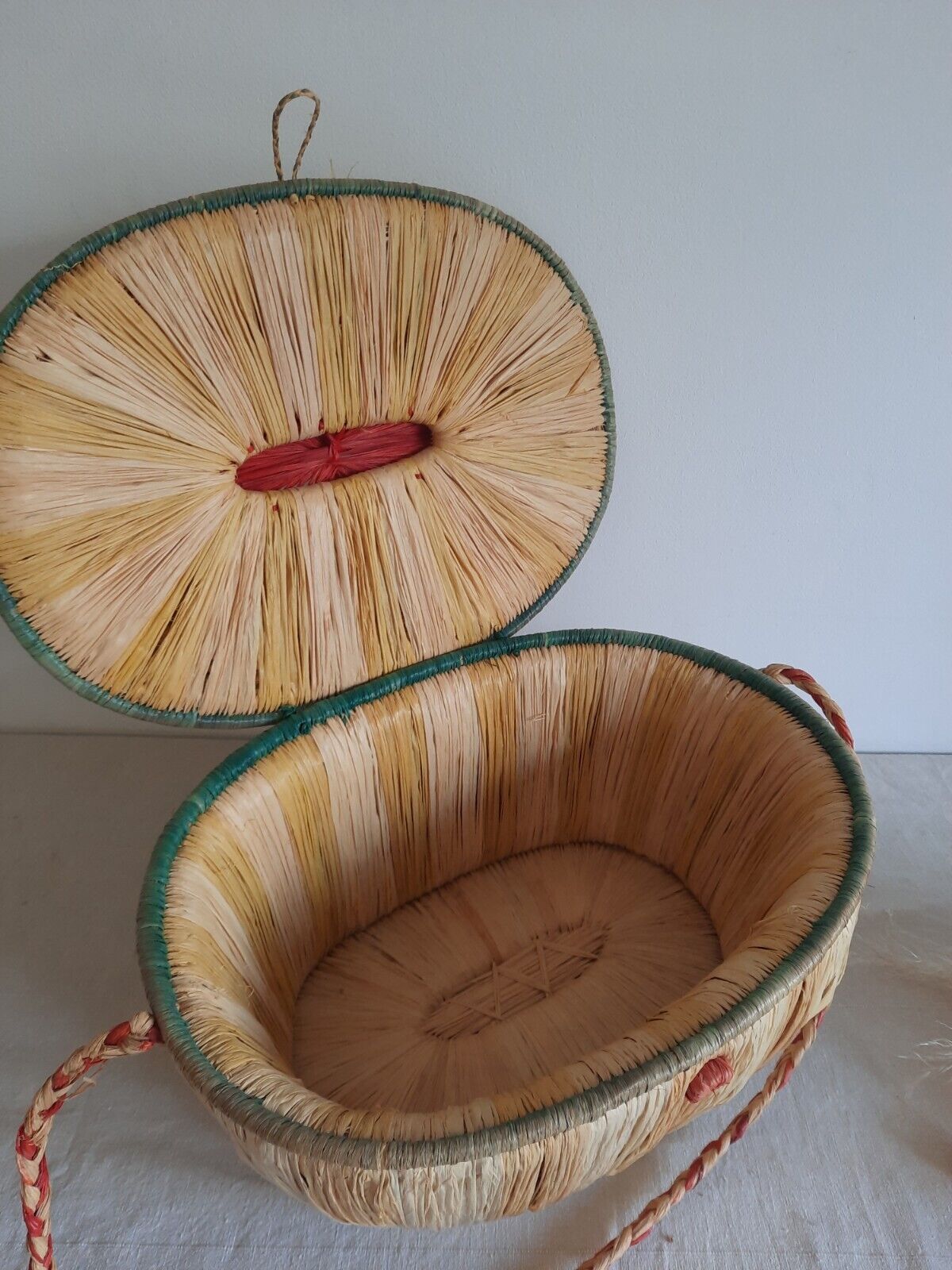 1930s Vintage Rare Wicker Shopping Basket Raffia With Lid And Strap Carry Handle