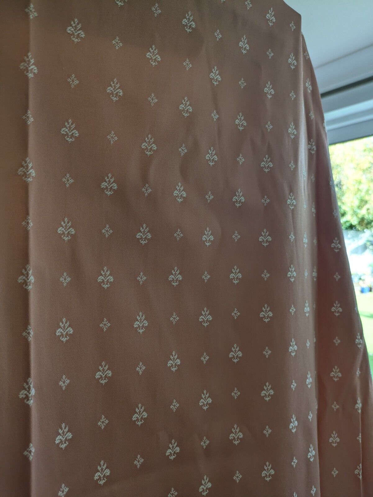 Pair Vintage Pink 80s Shabby Chic Salmon Fleur De Lys Curtains VTG Style Pretty