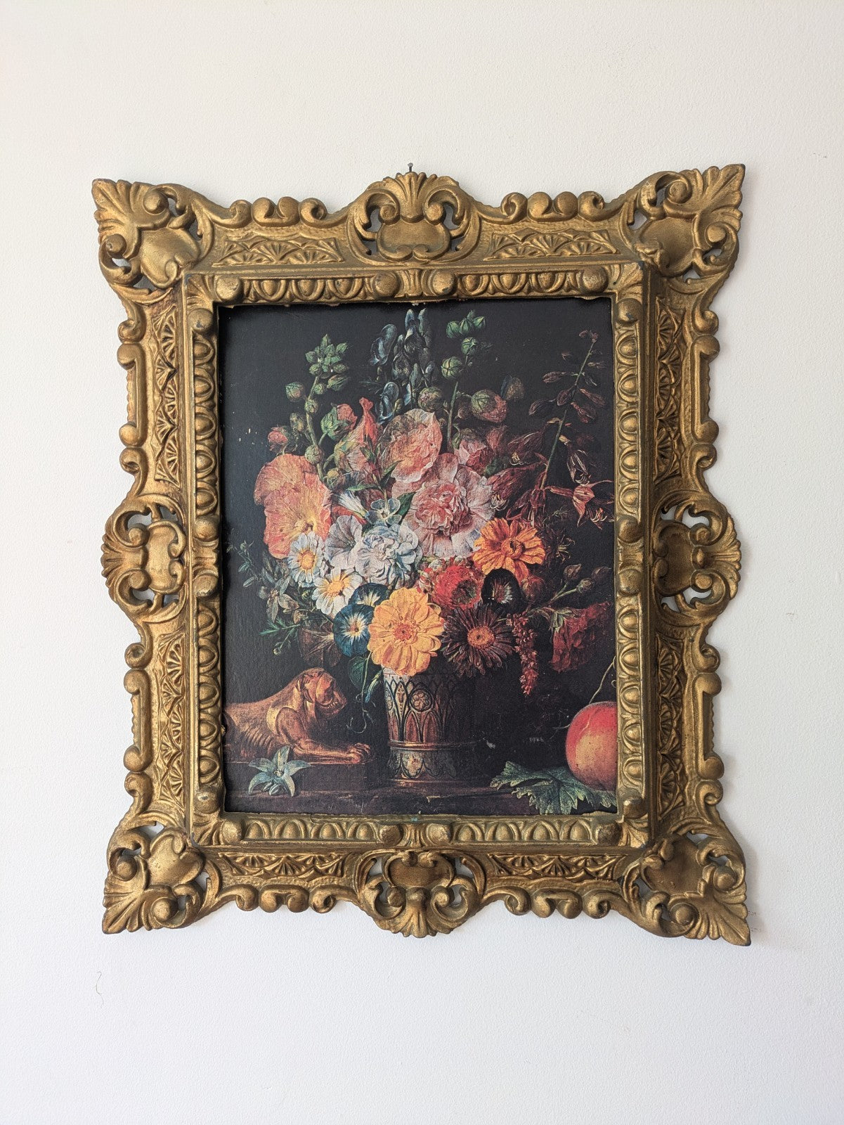 Vtg Gold Gilt Ornate Deep Carved Faux Wood Frame Floral Art Print Italy Grifo