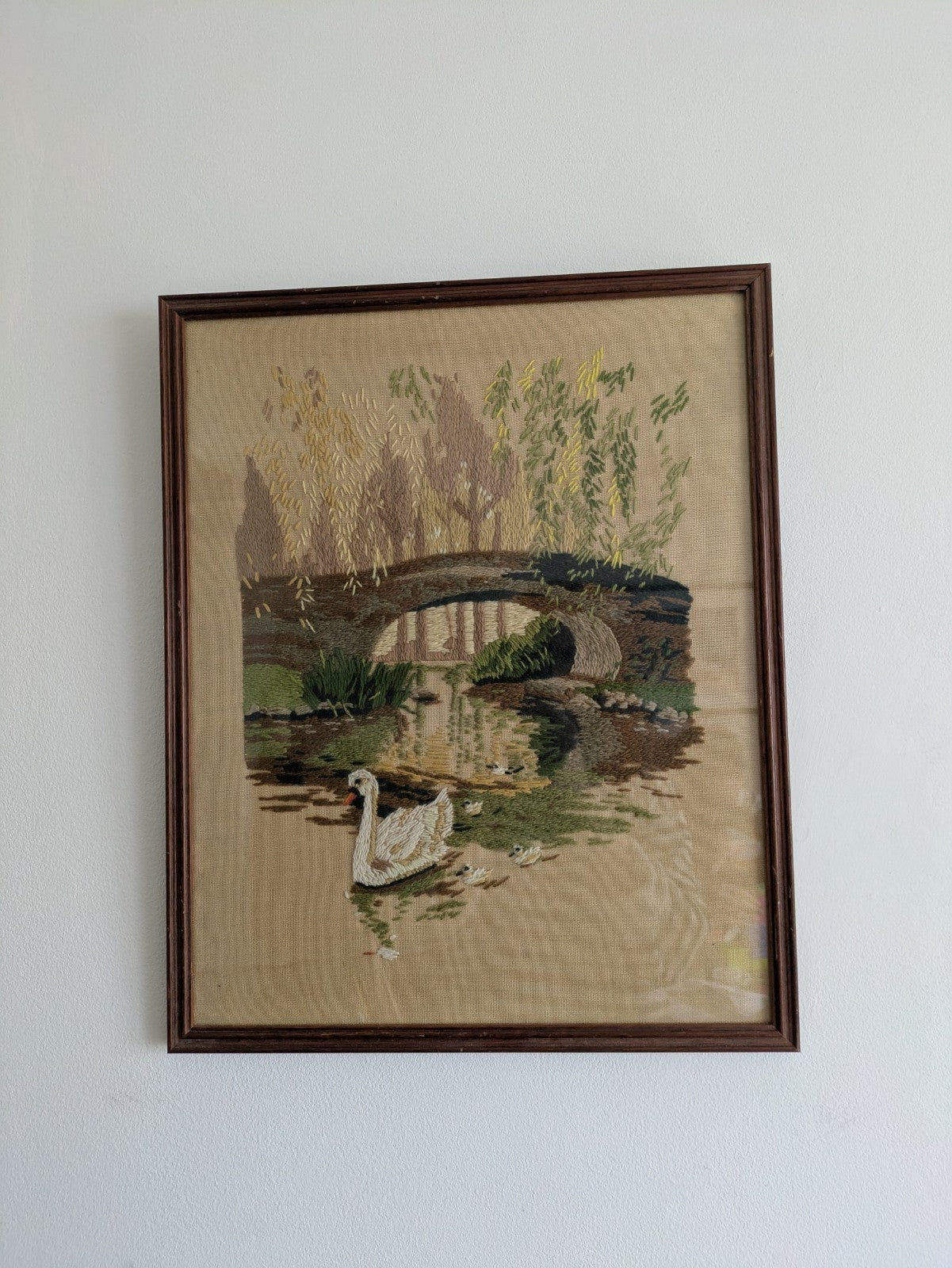Vintage Needlework Crewel Stitchwork Crochet Swan Signets River Picture English