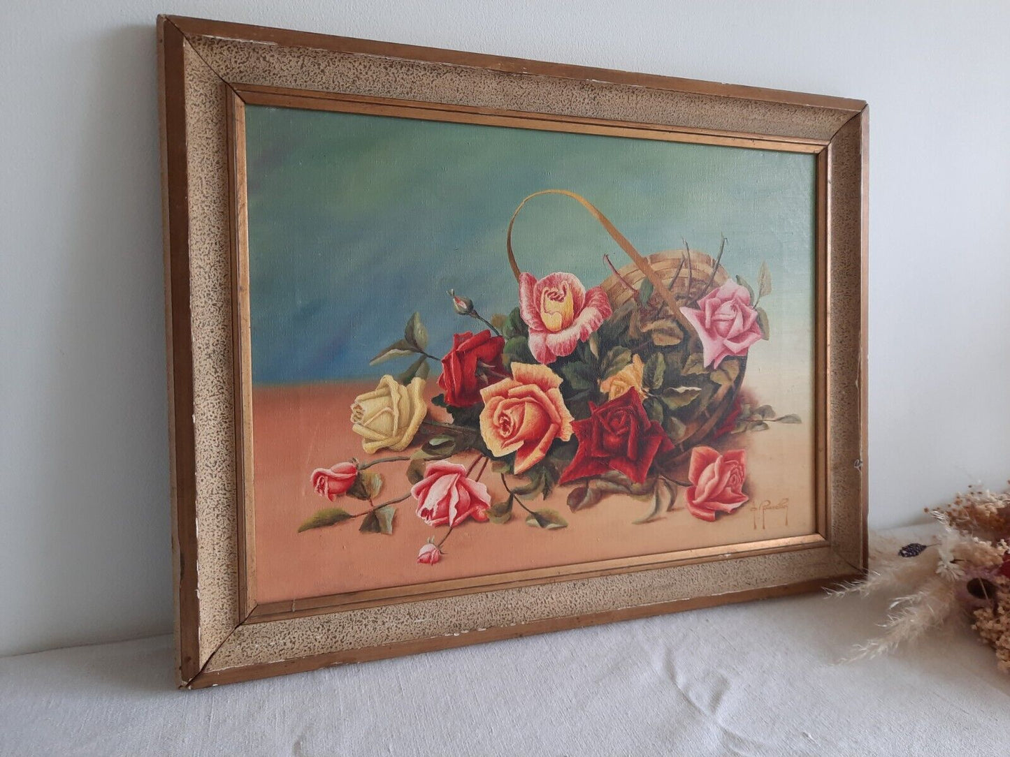 1950's Painting Floral Bouquet Picture frame vintage Shabby Chic Still Life Old