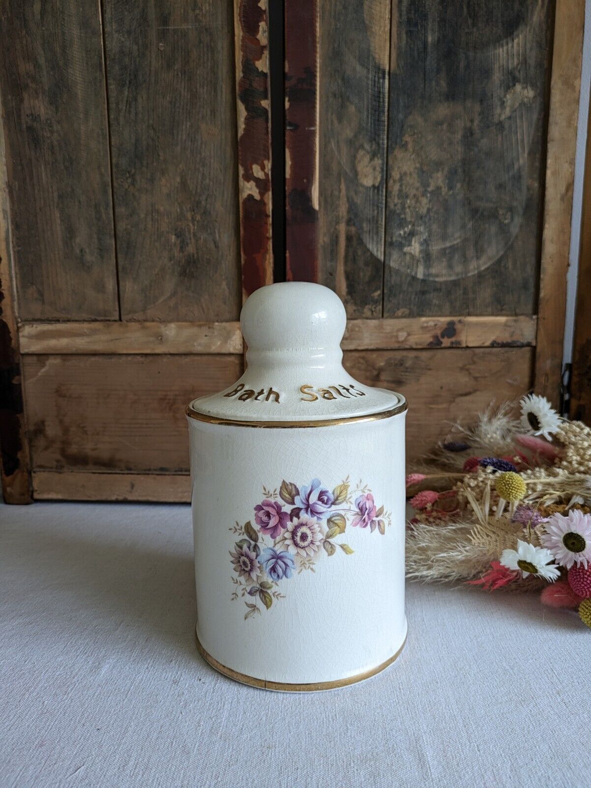 LARGE VINTAGE CERAMIC LID POT BATH SALTS PRICE KENSINGTON FLORAL JAR CONTAINER