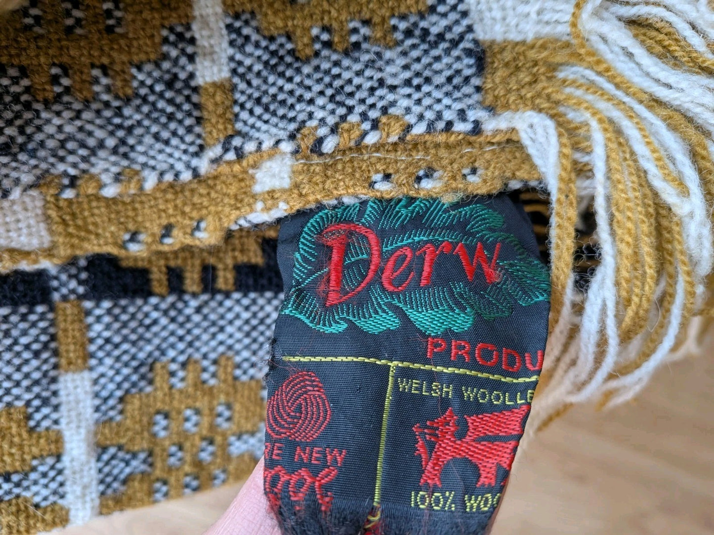 Rare VTG Welsh Wool Blanket Tapestry Black White Reversible Throw Mustard Yellow