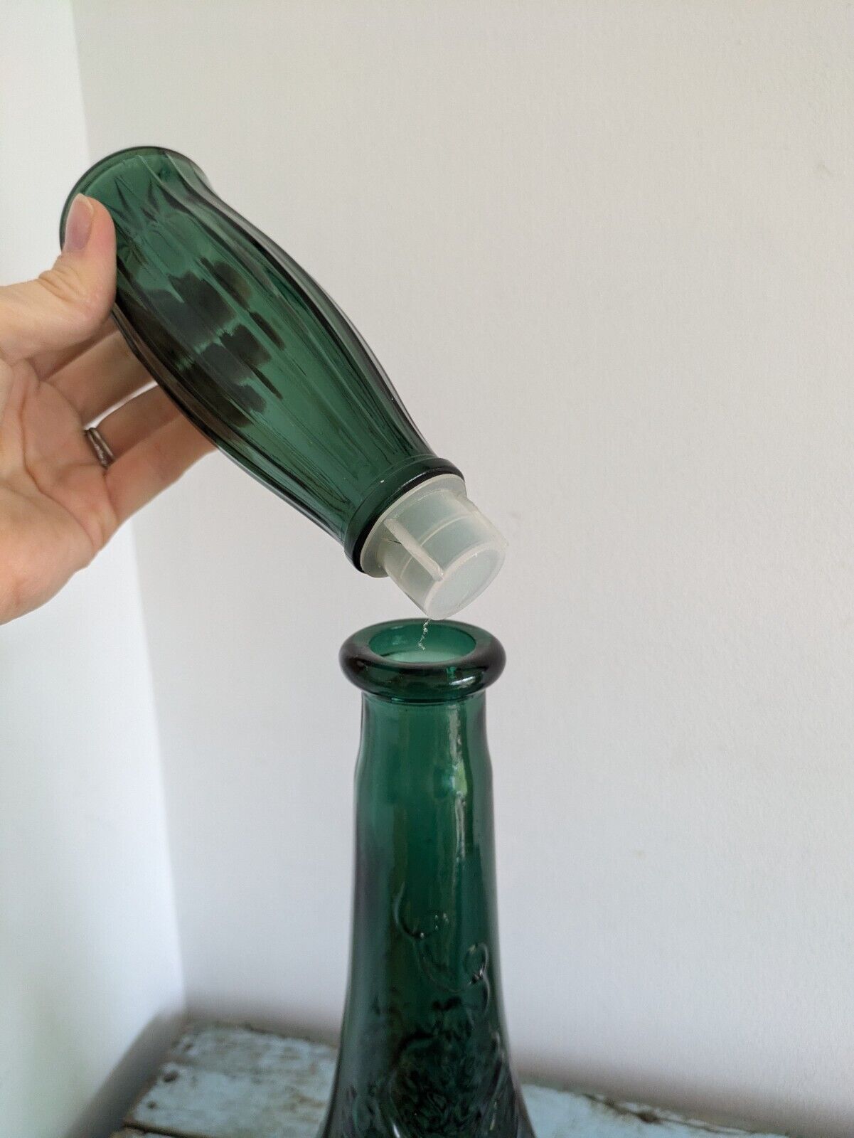 Vintage Green Glass Bottle Decanter With Stopper Fruit Motif DABS Portugal Genie