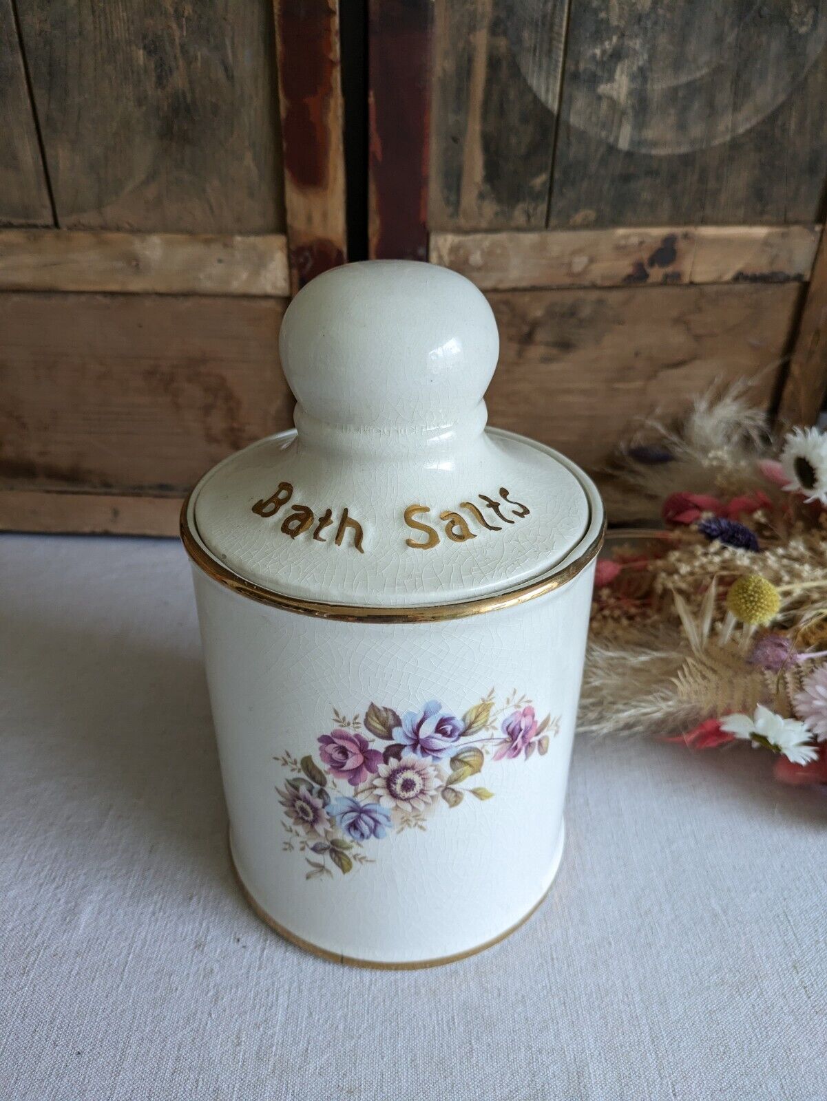 LARGE VINTAGE CERAMIC LID POT BATH SALTS PRICE KENSINGTON FLORAL JAR CONTAINER