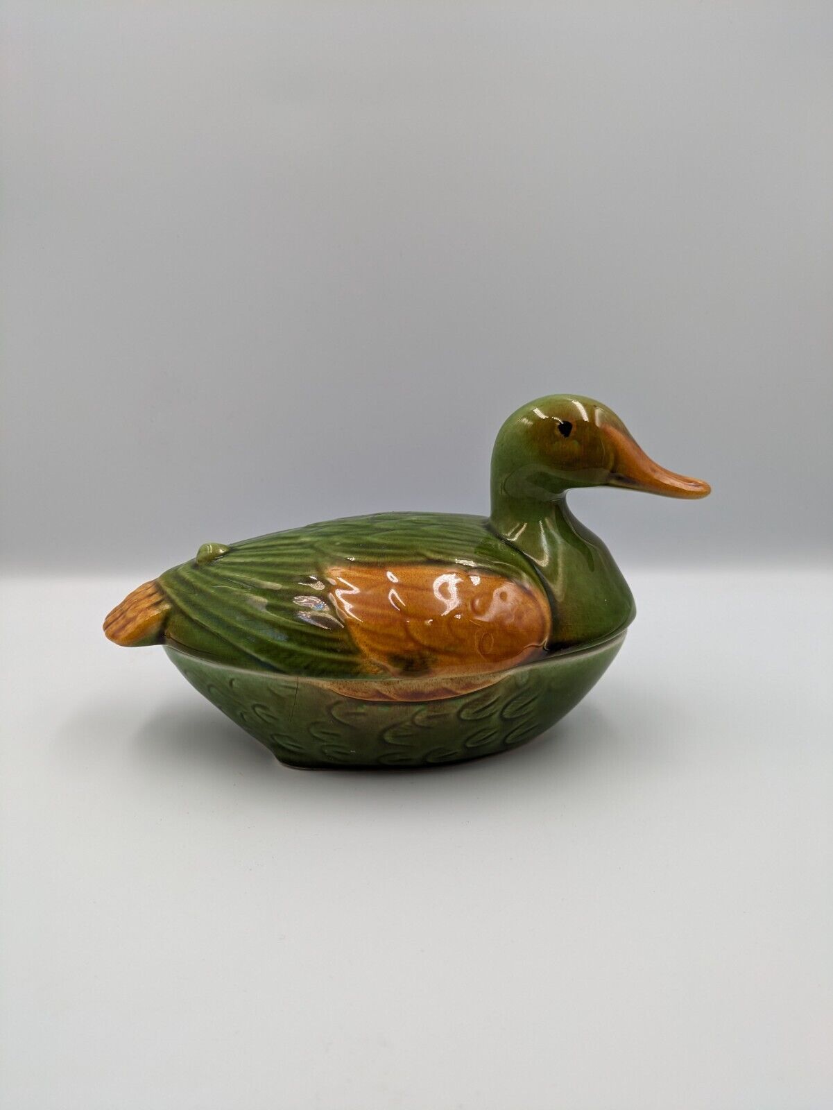 Ceramic WHAT'S VINCENT CADEAUX DUCK Egg Holder Tureen Pottery Green Bird Rare