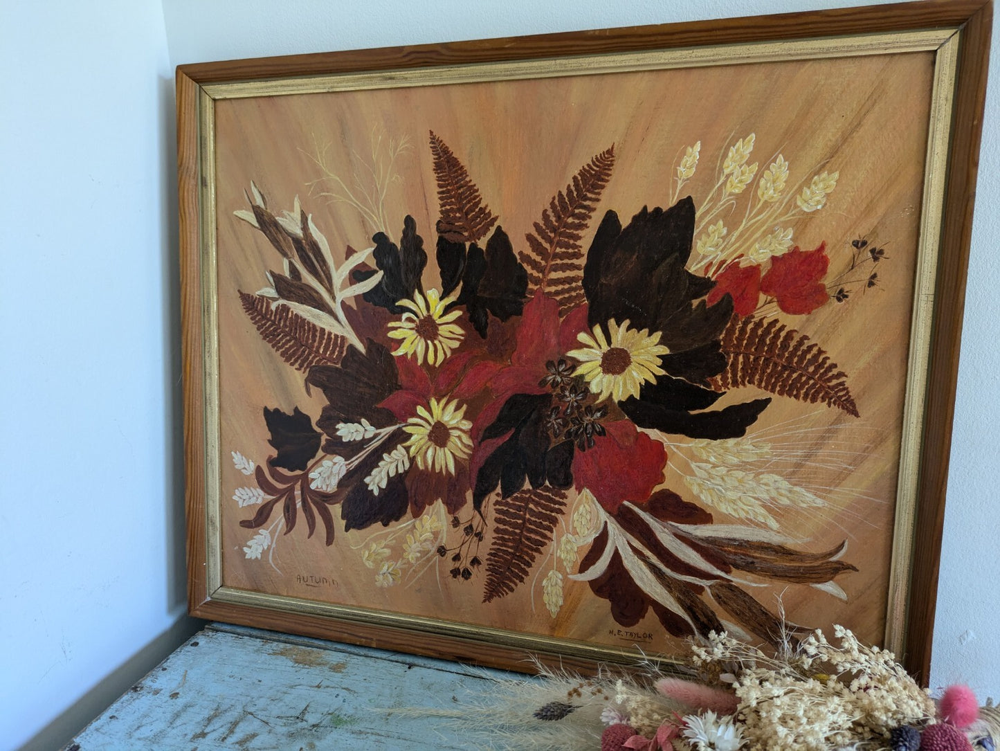 Vintage Painting Floral N E Taylor Autumn Flowers Bouquet Picture Still Life Old